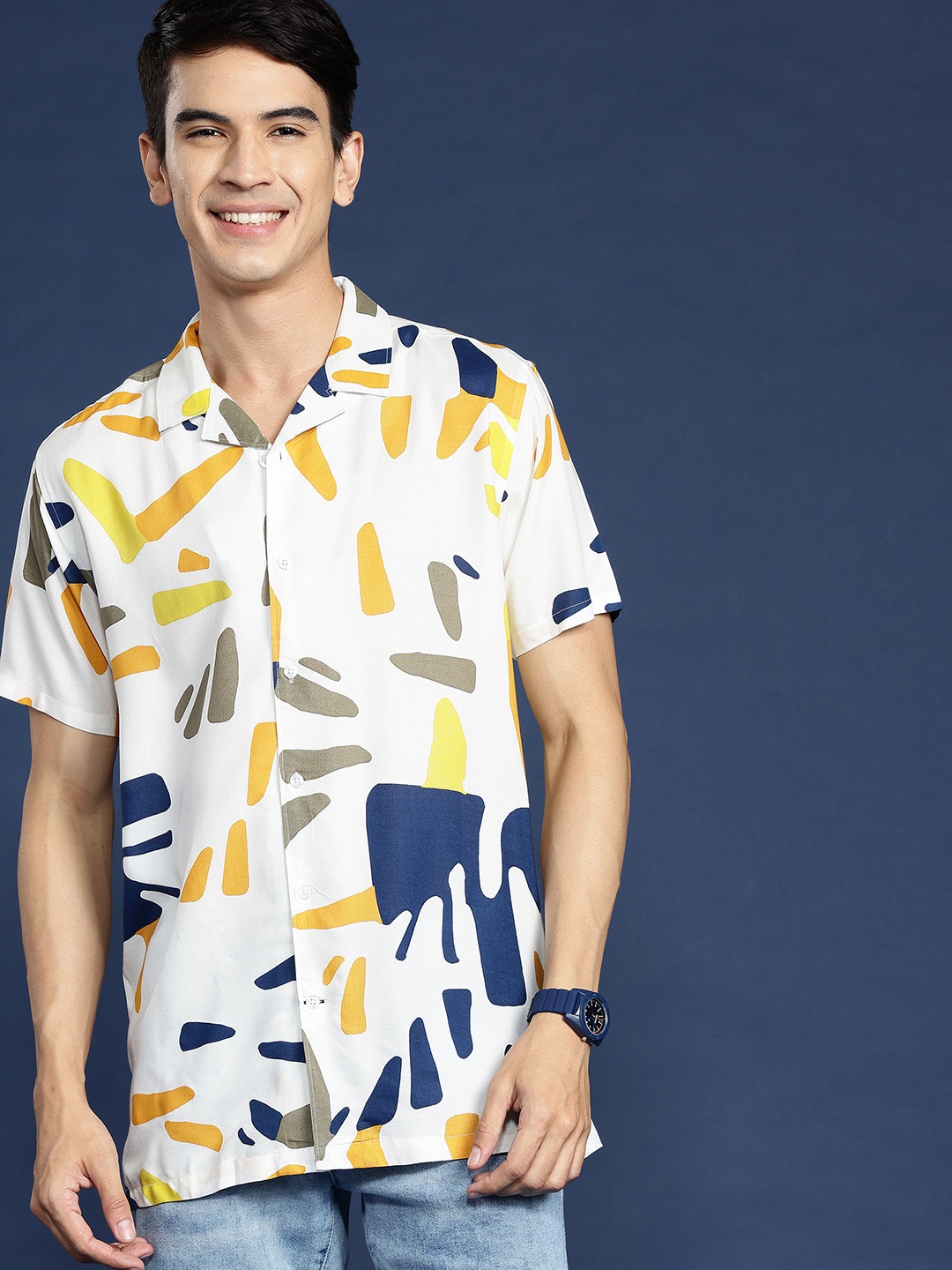 

Mast & Harbour Men Standard Opaque Printed Cuban Collar Casual Shirt, Off white