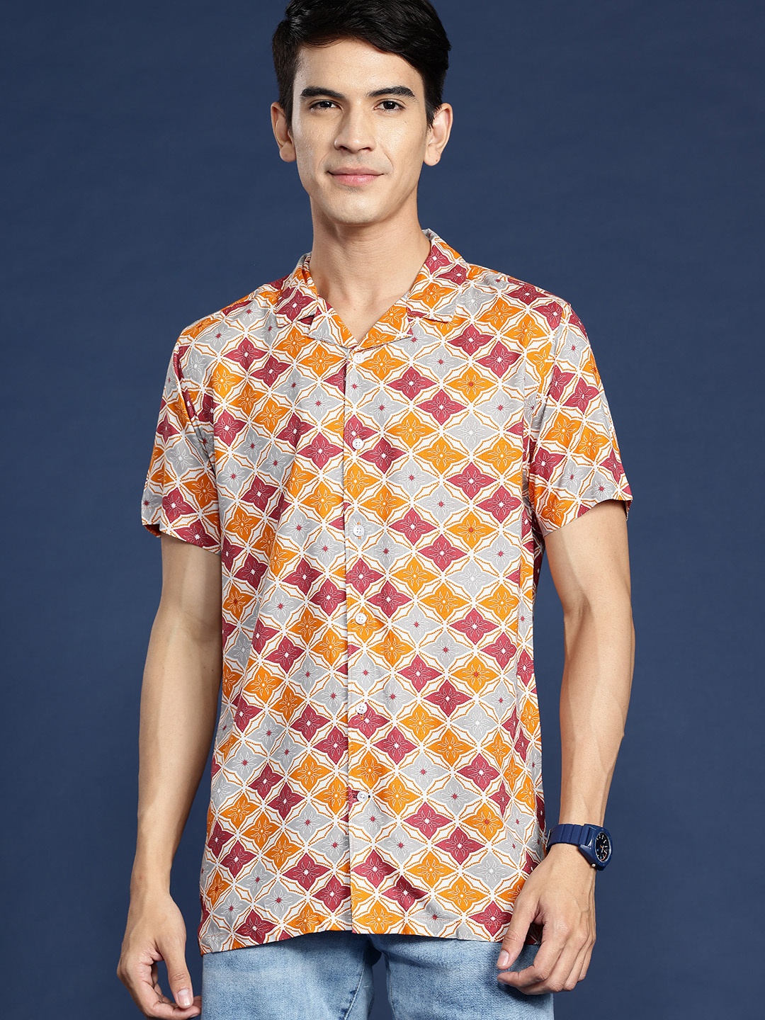 Mast & Harbour Men Standard Opaque Geometric Printed Cuban Collar Casual Shirt, Beige
