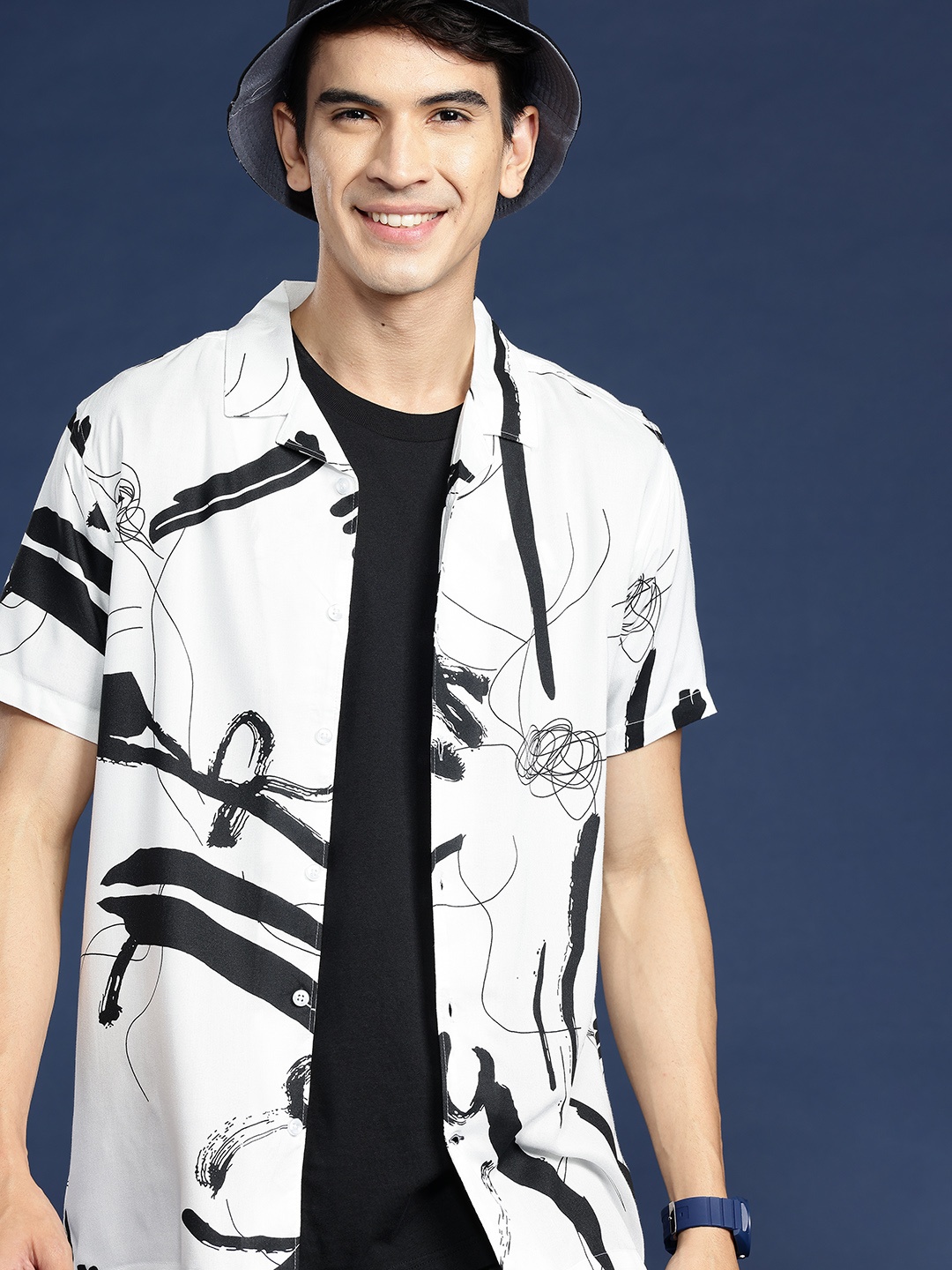 

Mast & Harbour Men Standard Abstract Printed Cuban Collar Casual Shirt, White