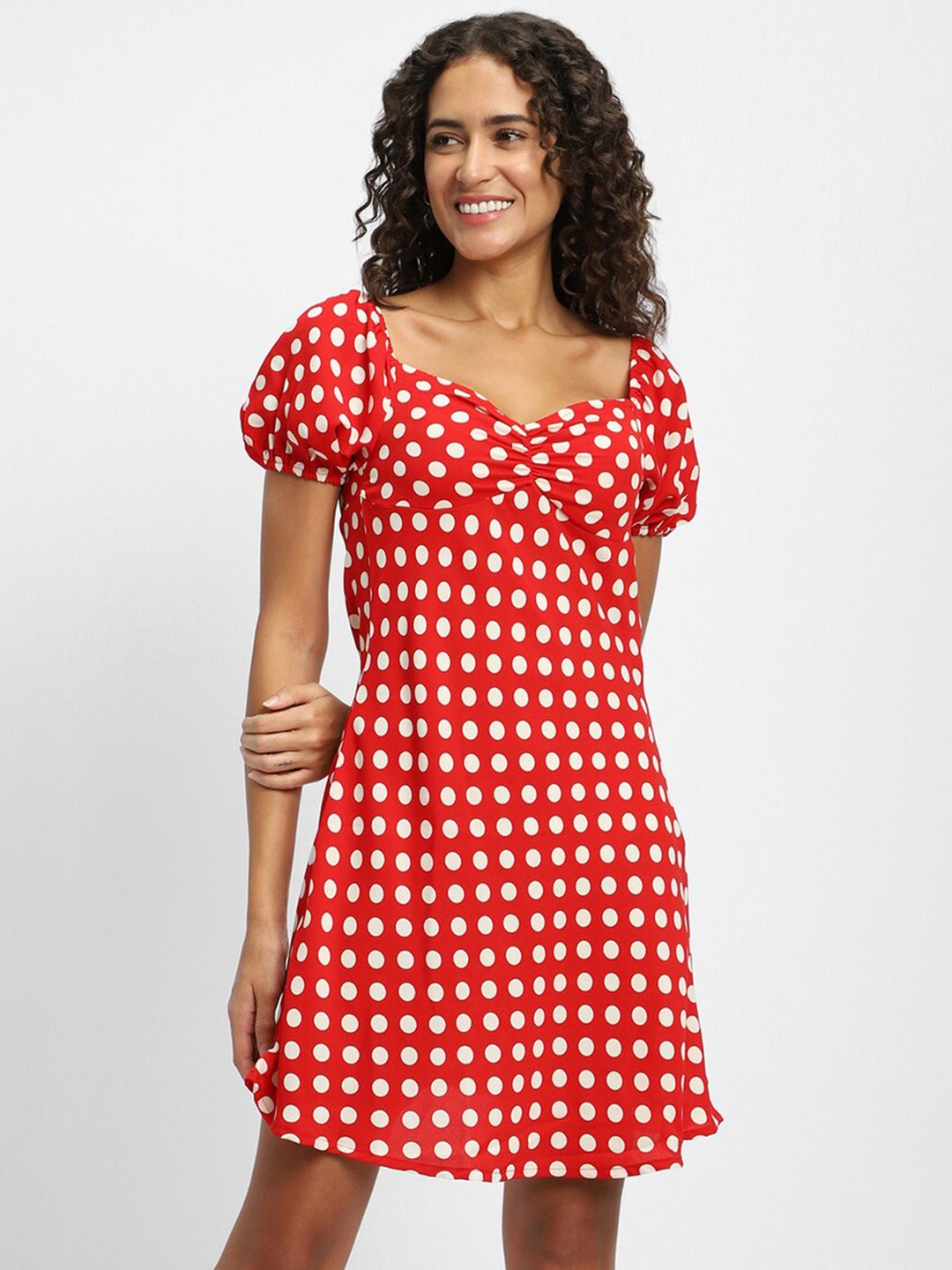 

FOREVER 21 Polka Dot Printed Puff Sleeves A-Line Dress, Red