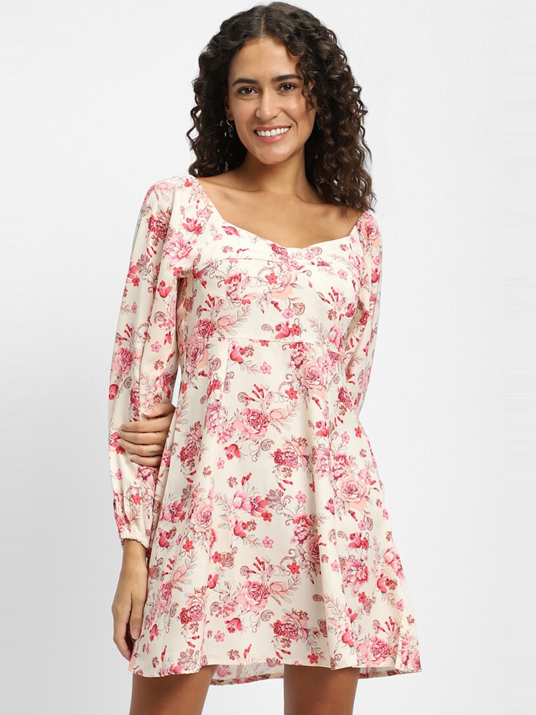 

FOREVER 21 Floral Printed Puff Sleeves Fit & Flare Dress, White