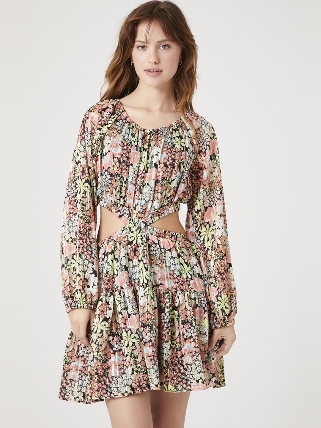 

FOREVER 21 Floral Printed Round Neck Raglan Sleeves Cut-Out Detail Casual A-Line Dress, Black