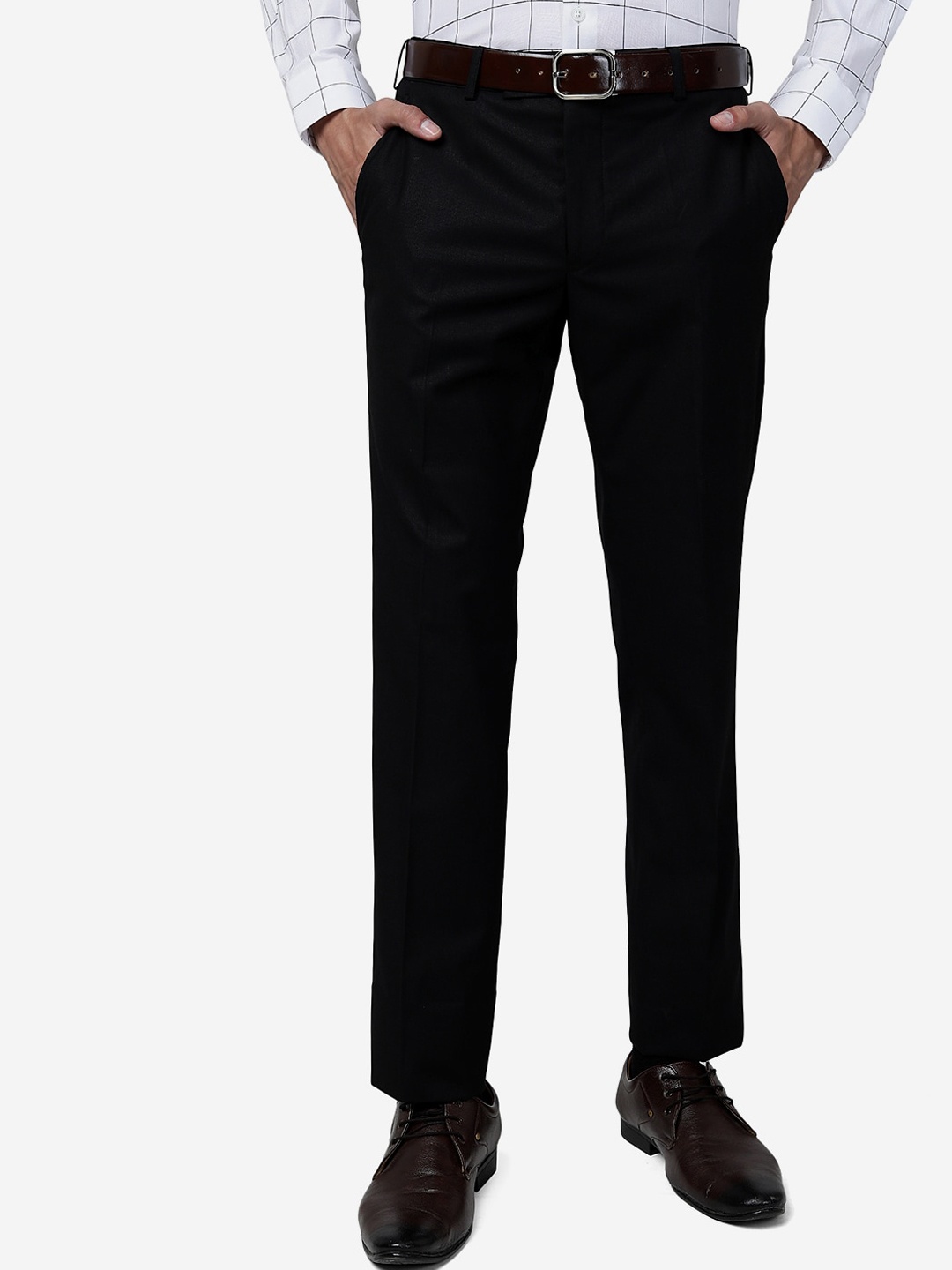 

Greenfibre Men Mid Rise Plain Slim Fit Formal Trousers, Black
