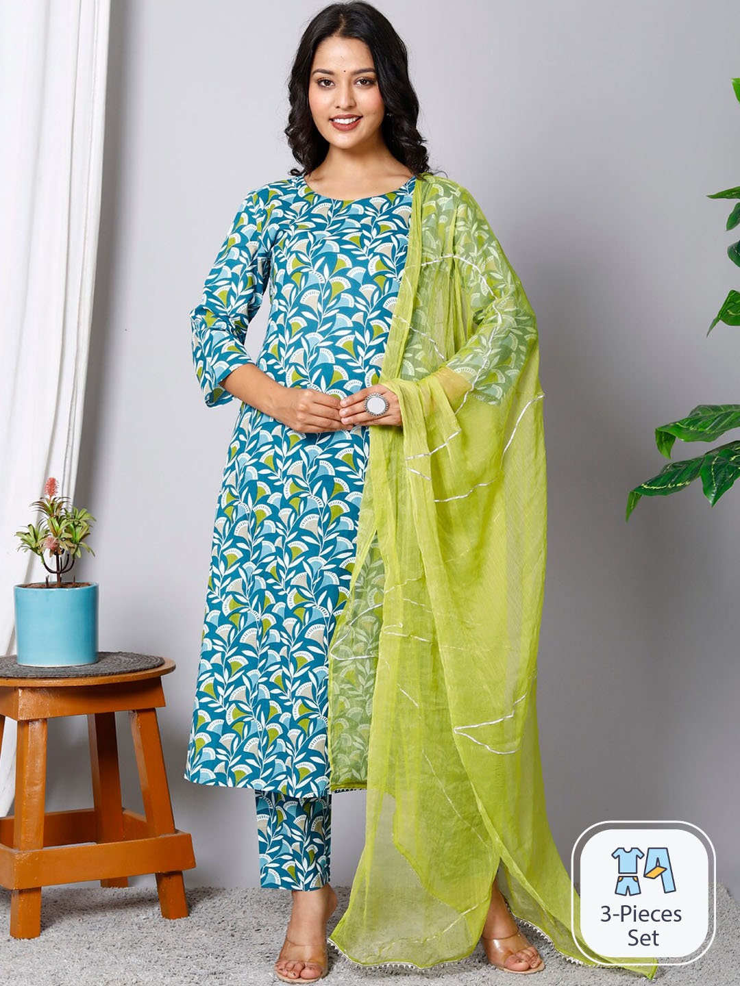 

HERE&NOW Floral Printed Pure Cotton Regular Kurta with Churidar & Dupatta, Blue