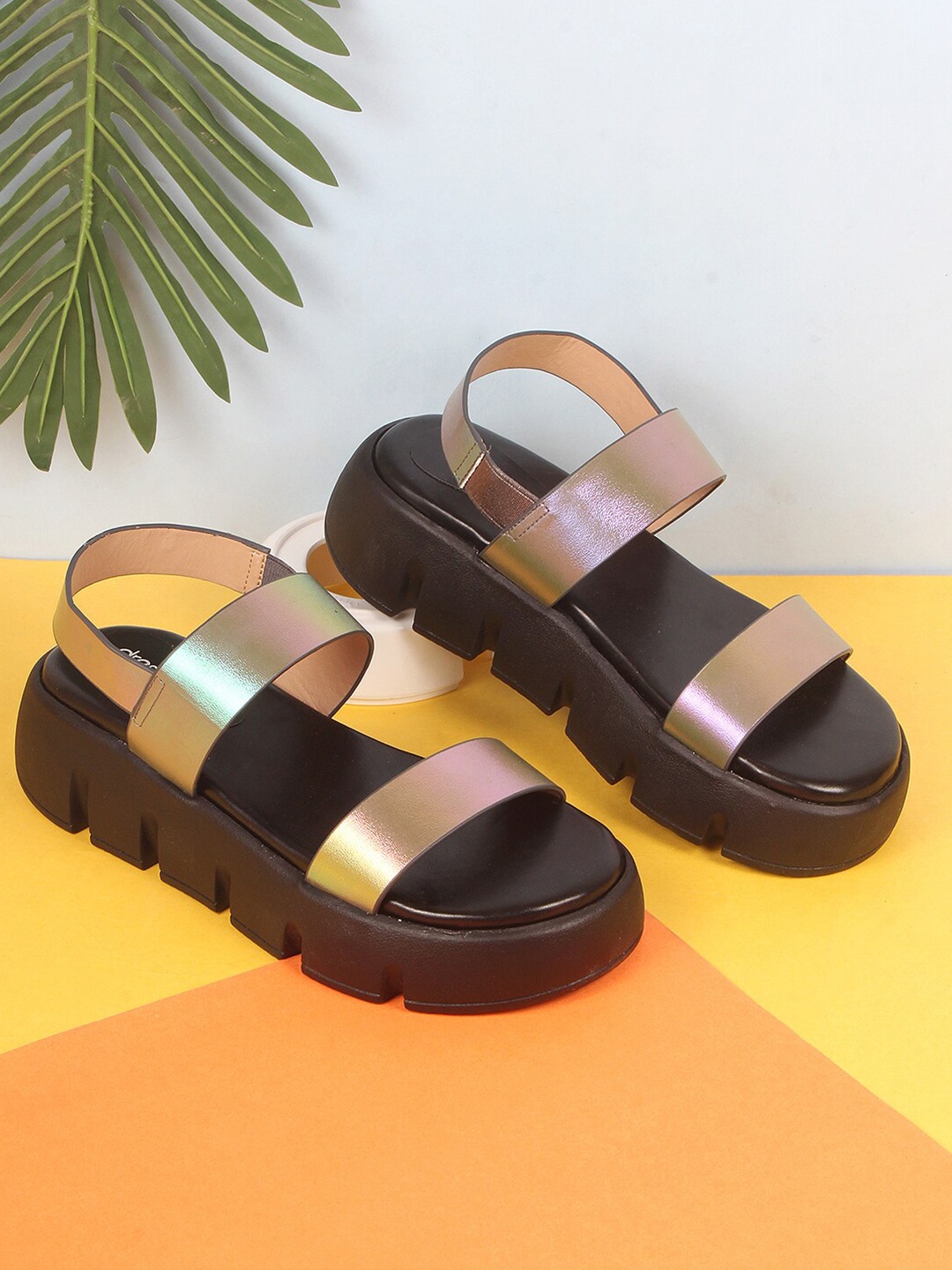 

DressBerry Metallic-Toned & Black Double Straps Flatform Heels