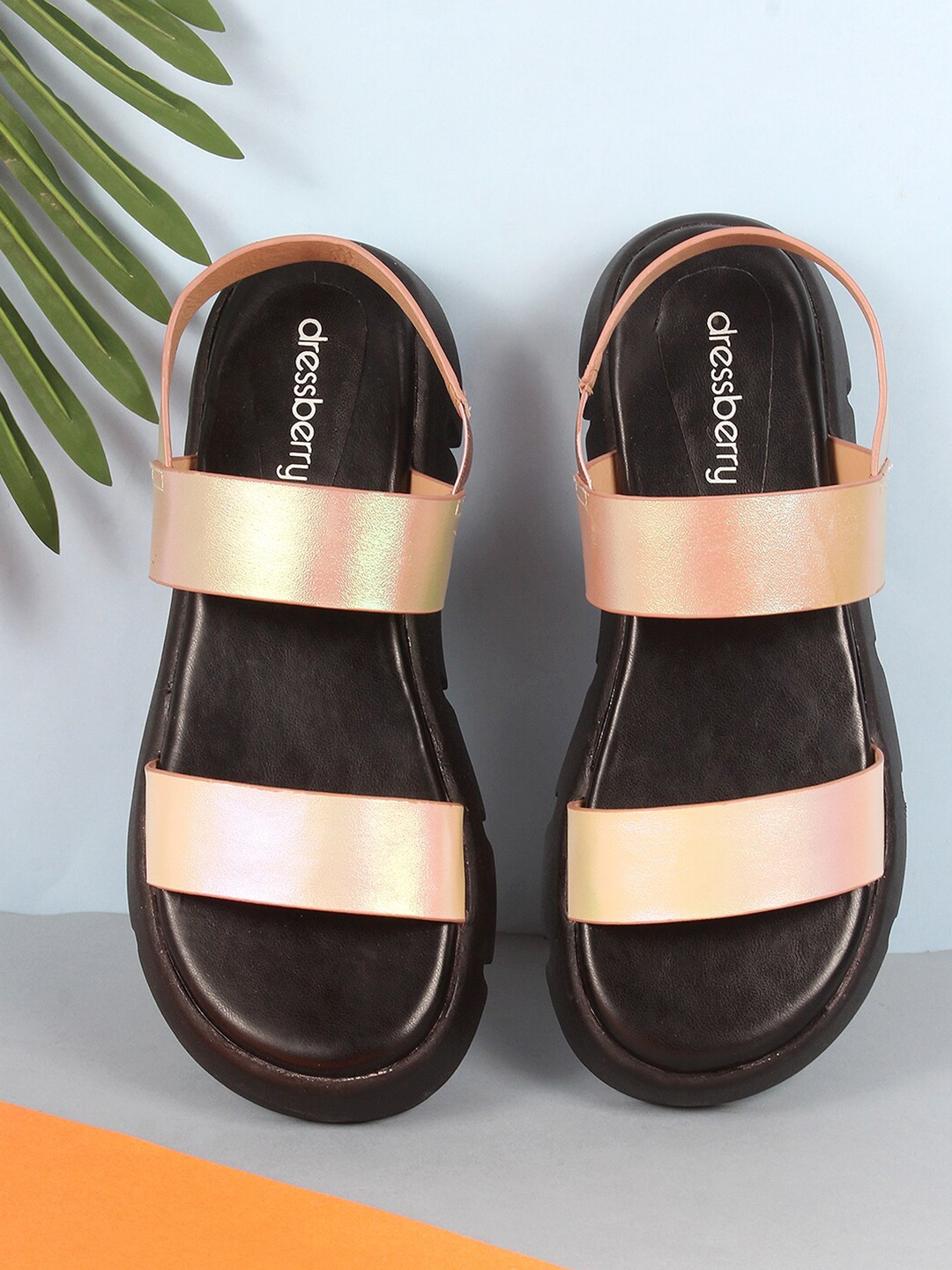 

DressBerry Rose Gold-Toned & Black Double Straps Flatform Heels