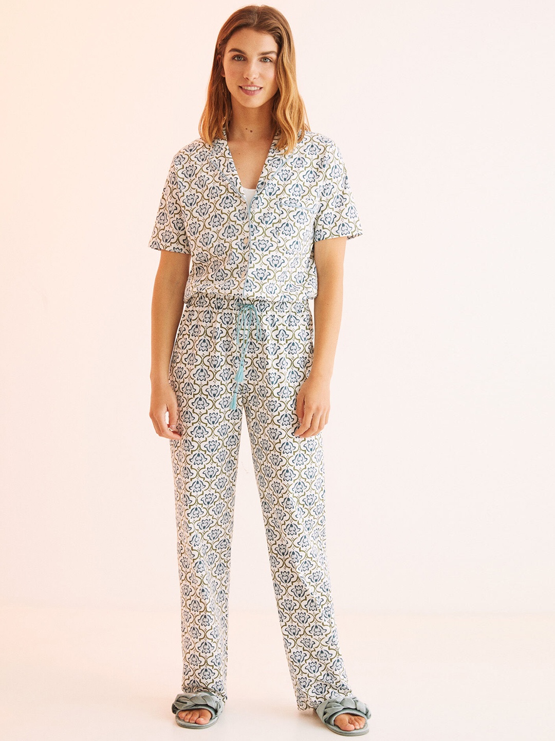 

women'secret Women Pure Cotton Printed Pyjama Set, White