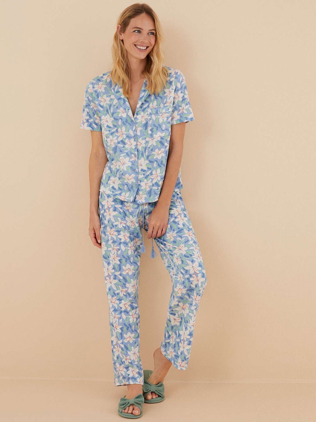 

women'secret Women Pure Cotton Floral Printed Night suit, Blue