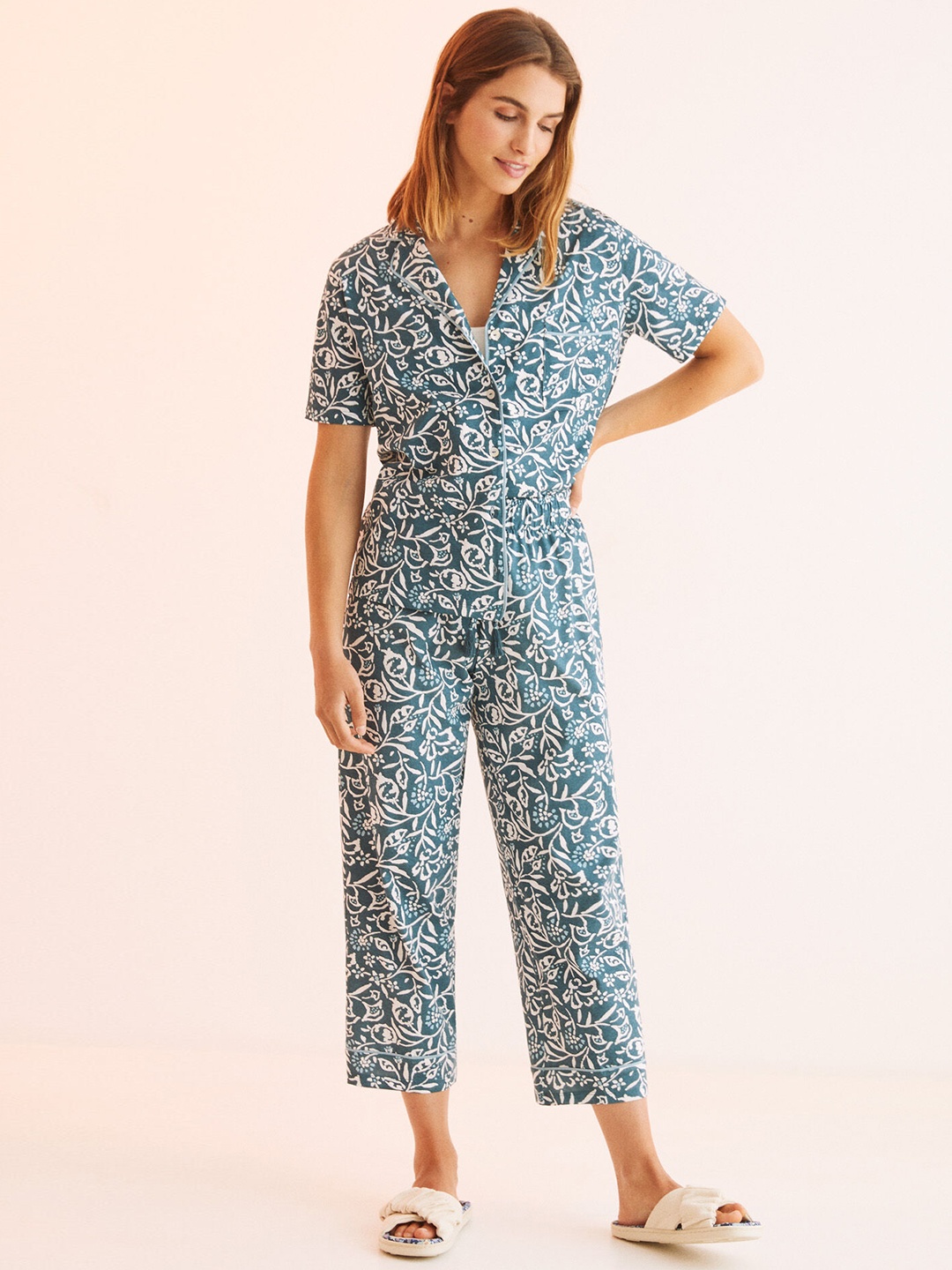 

women'secret Women Pure Cotton Printed Pyjama Set, Teal