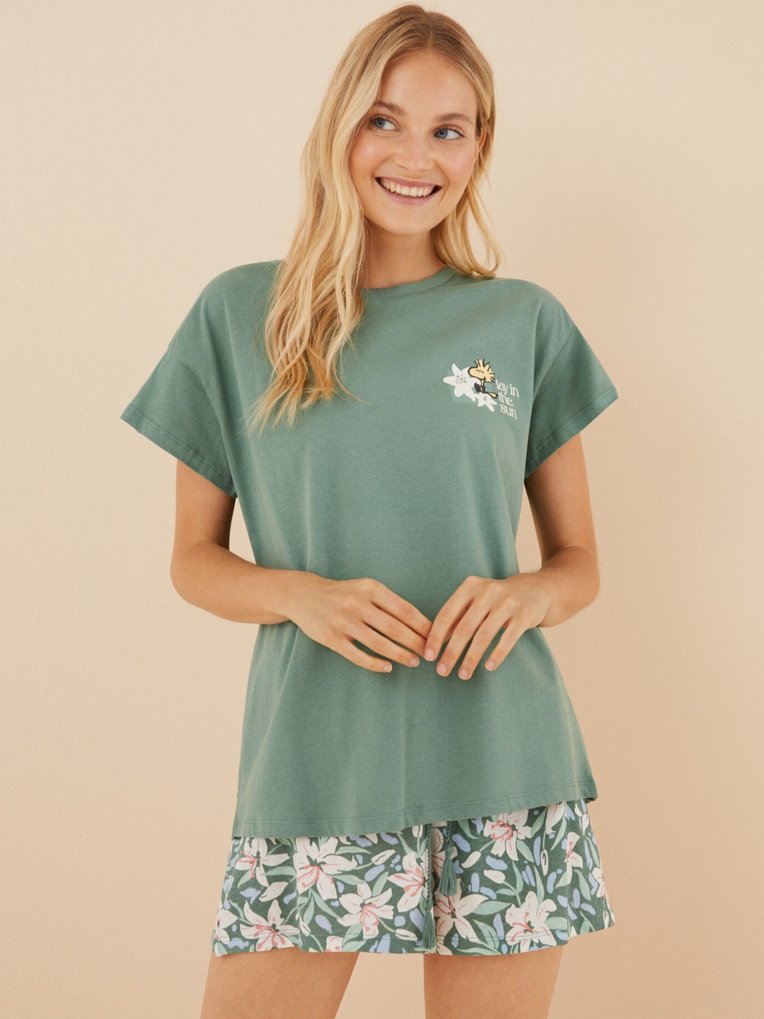 

women'secret Printed Pure Cotton Night Suits, Green
