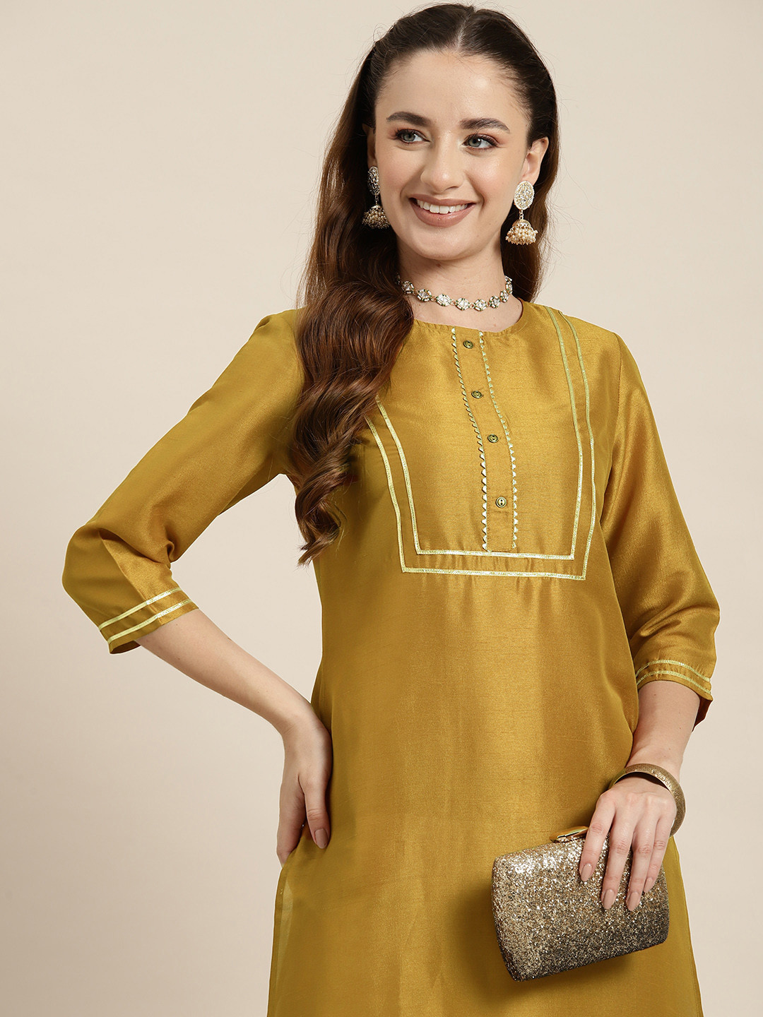 

HERE&NOW Women Yoke Design Gotta Patti Kurta, Mustard