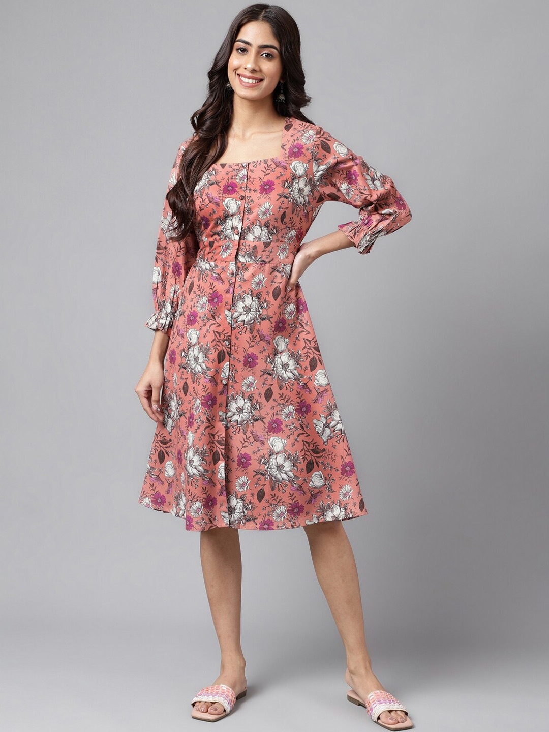 

Janasya Floral Printed Puffed Sleeves A-Line Dress, Peach