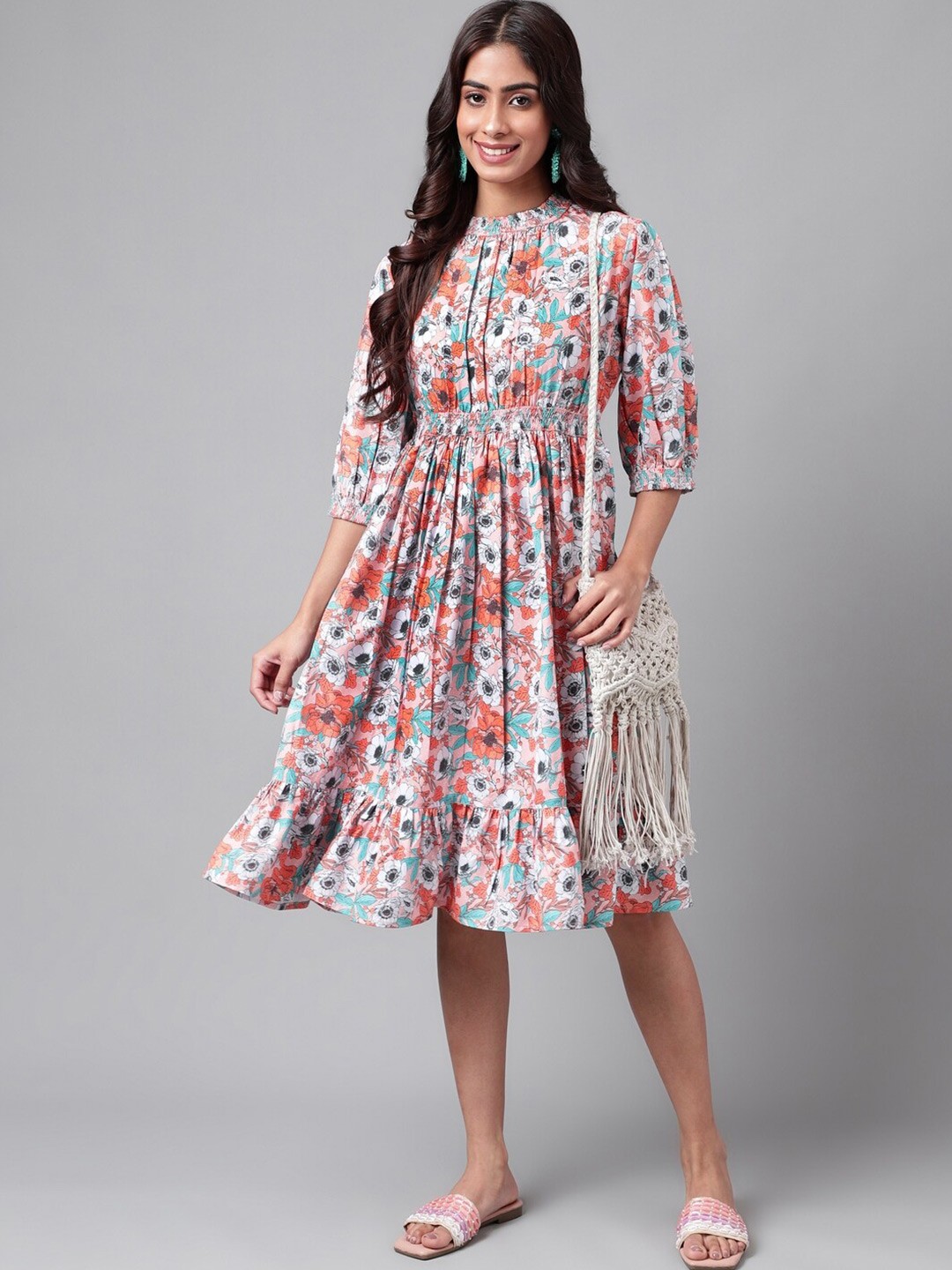 

Janasya Floral Printed Puffed Sleeves Fit and Flare Dress, Orange