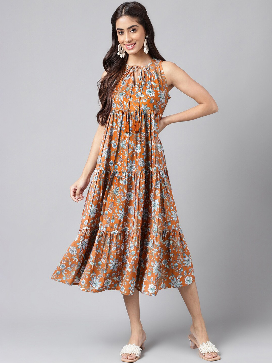 

Janasya Floral Printed Tie Up Neck Gathered or Pleated A-Line Midi Tiered Dress, Brown