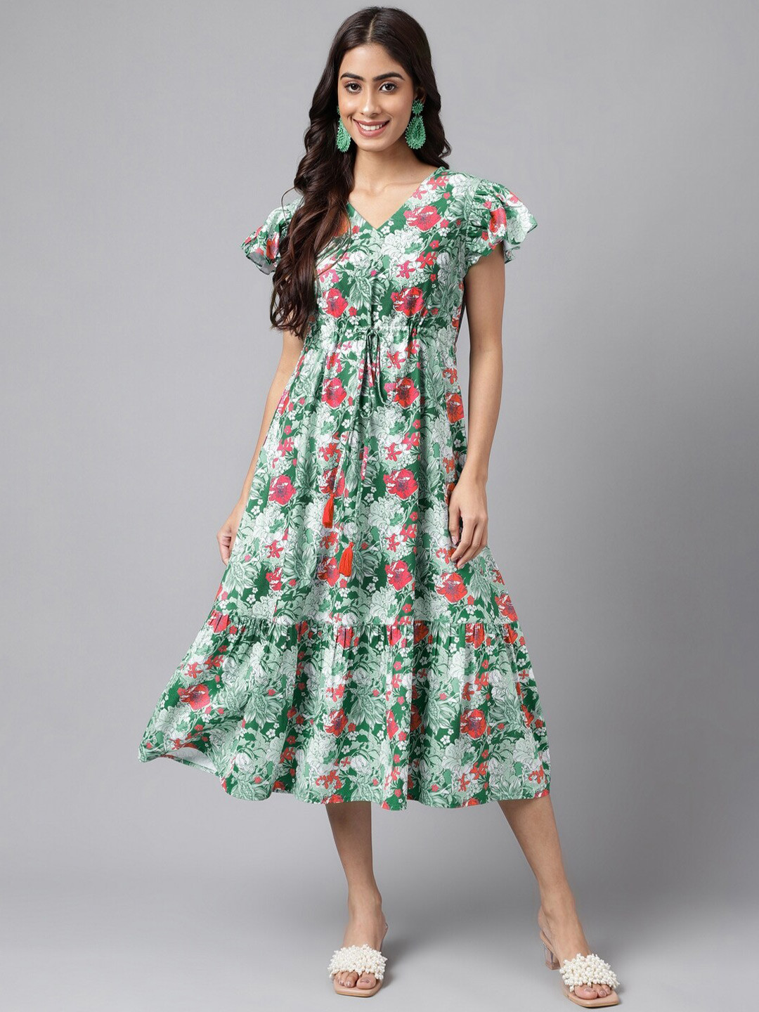 

Janasya Floral Printed Flared Sleeves A-line Midi Dress, Green