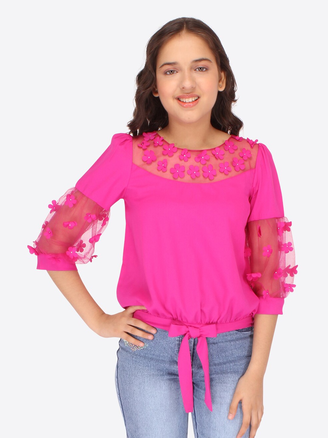 

CUTECUMBER Girls Self Design Applique Blouson Top, Fuchsia
