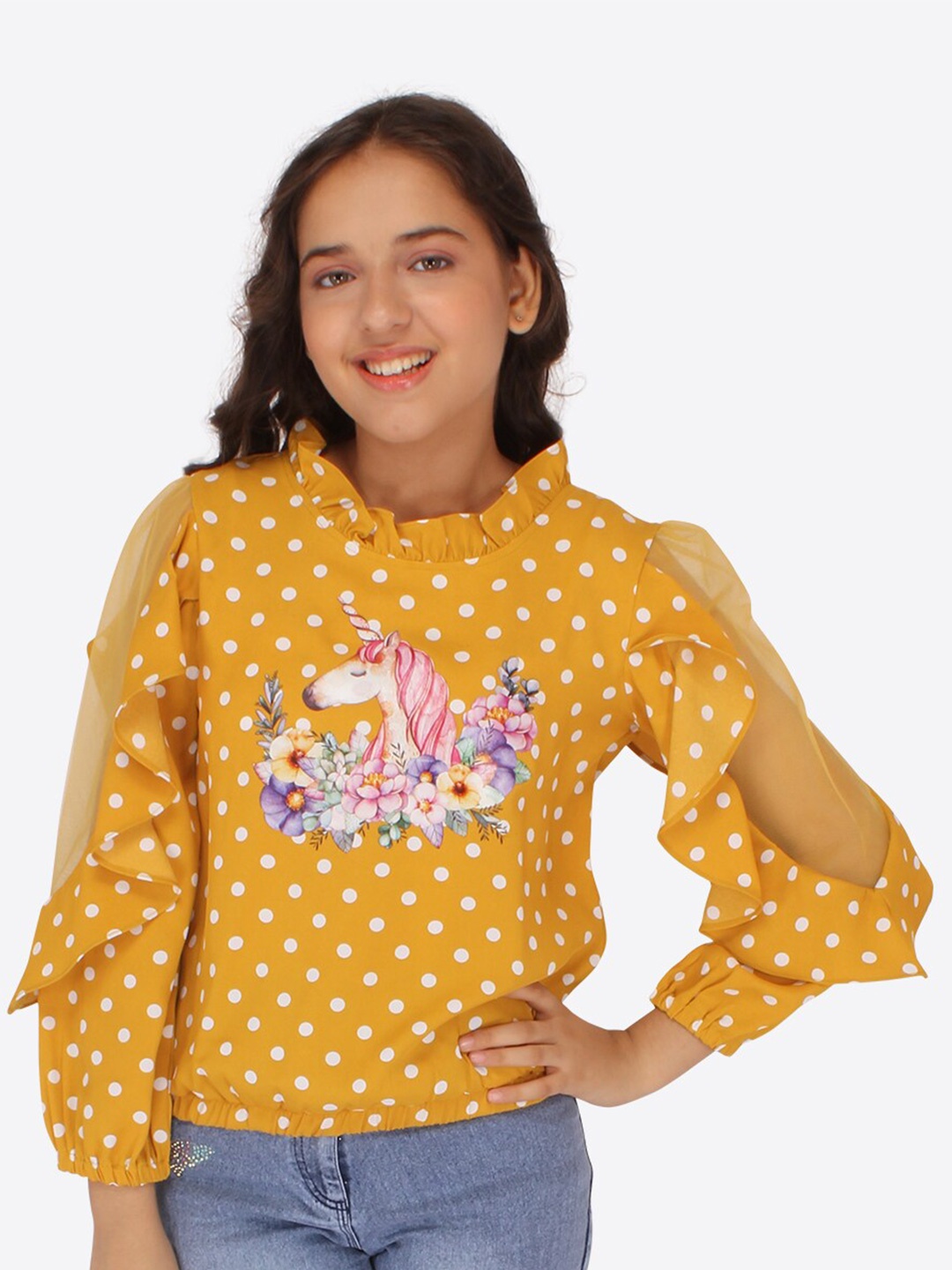 

CUTECUMBER Girls Polka Dot Print Regular Top, Yellow