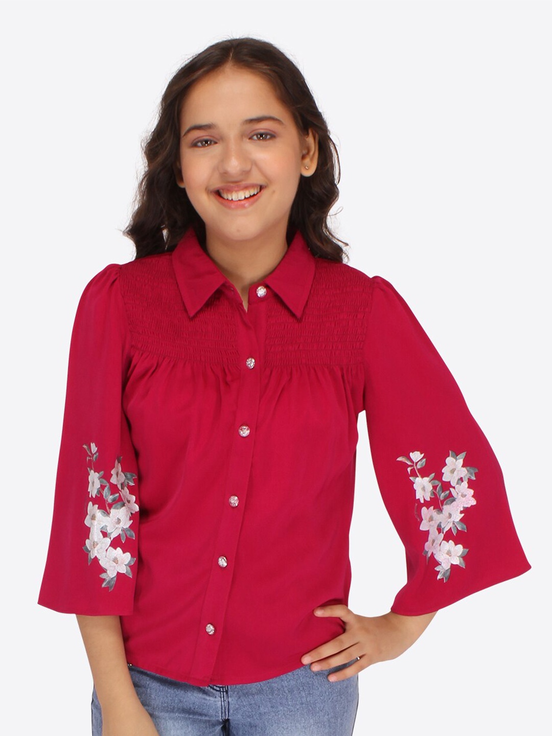 

CUTECUMBER Girls Floral Print Flared Sleeve Smocking detailed Shirt Style Top, Maroon