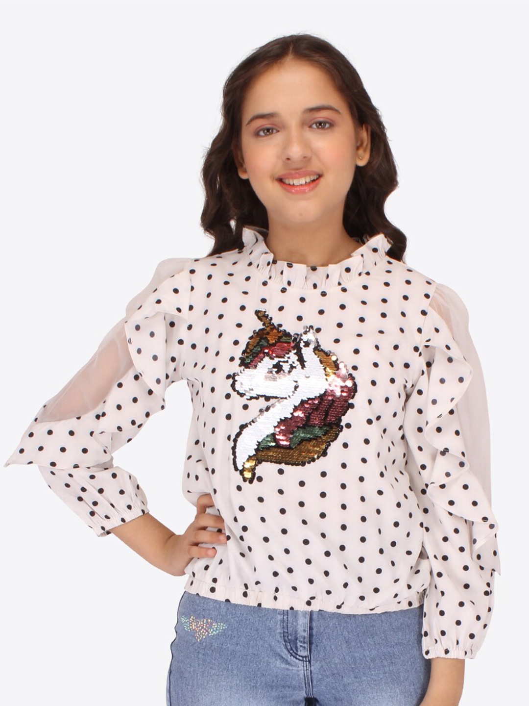 

CUTECUMBER Polka Dot Printed Blouson Top, White