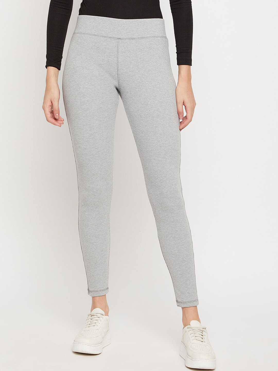 

URKNIT Ankle-Length Pure Cotton Leggings, Grey melange