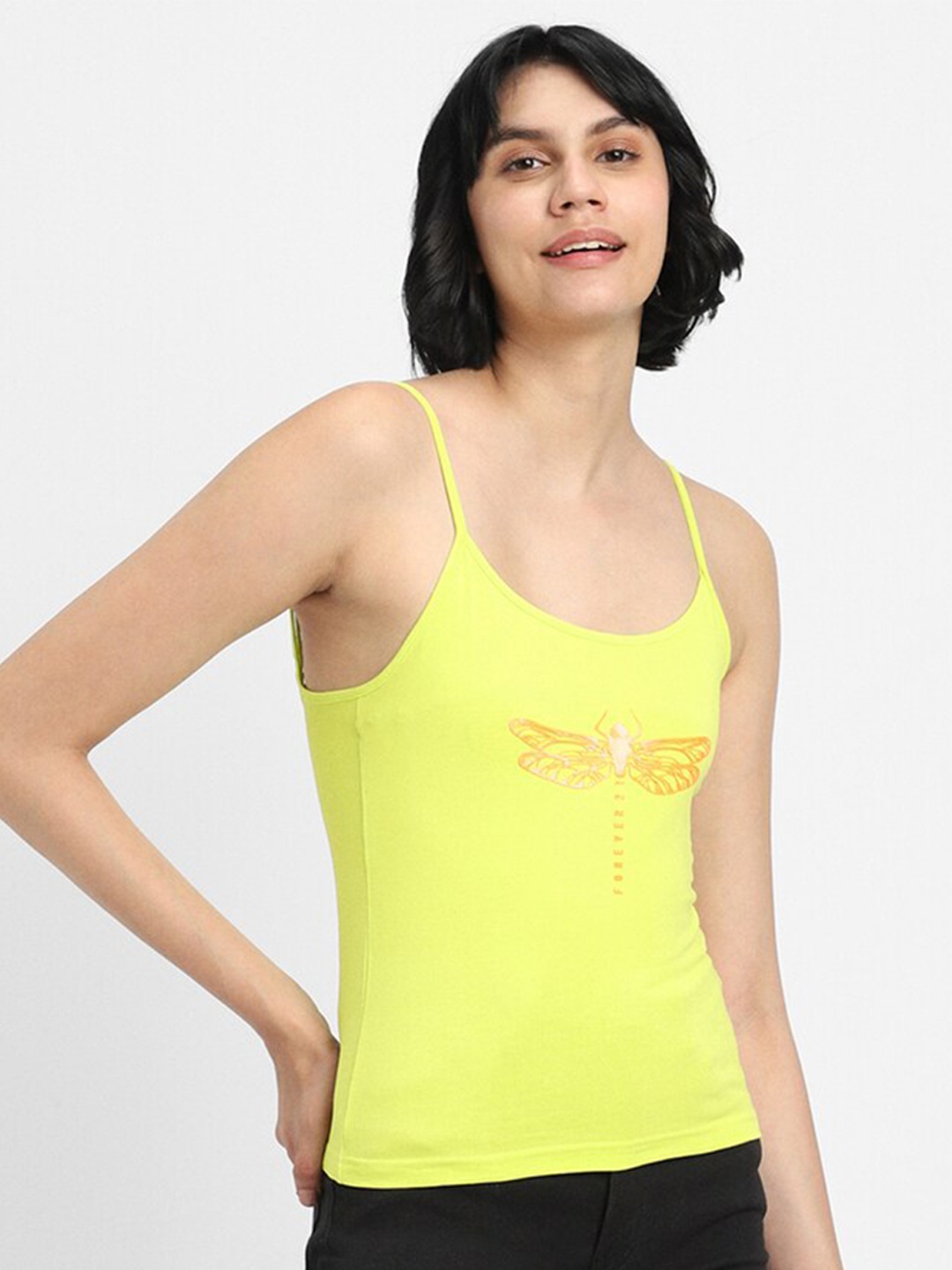 

FOREVER 21 Graphic Printed Shoulder Straps Cotton Tank Top, Yellow