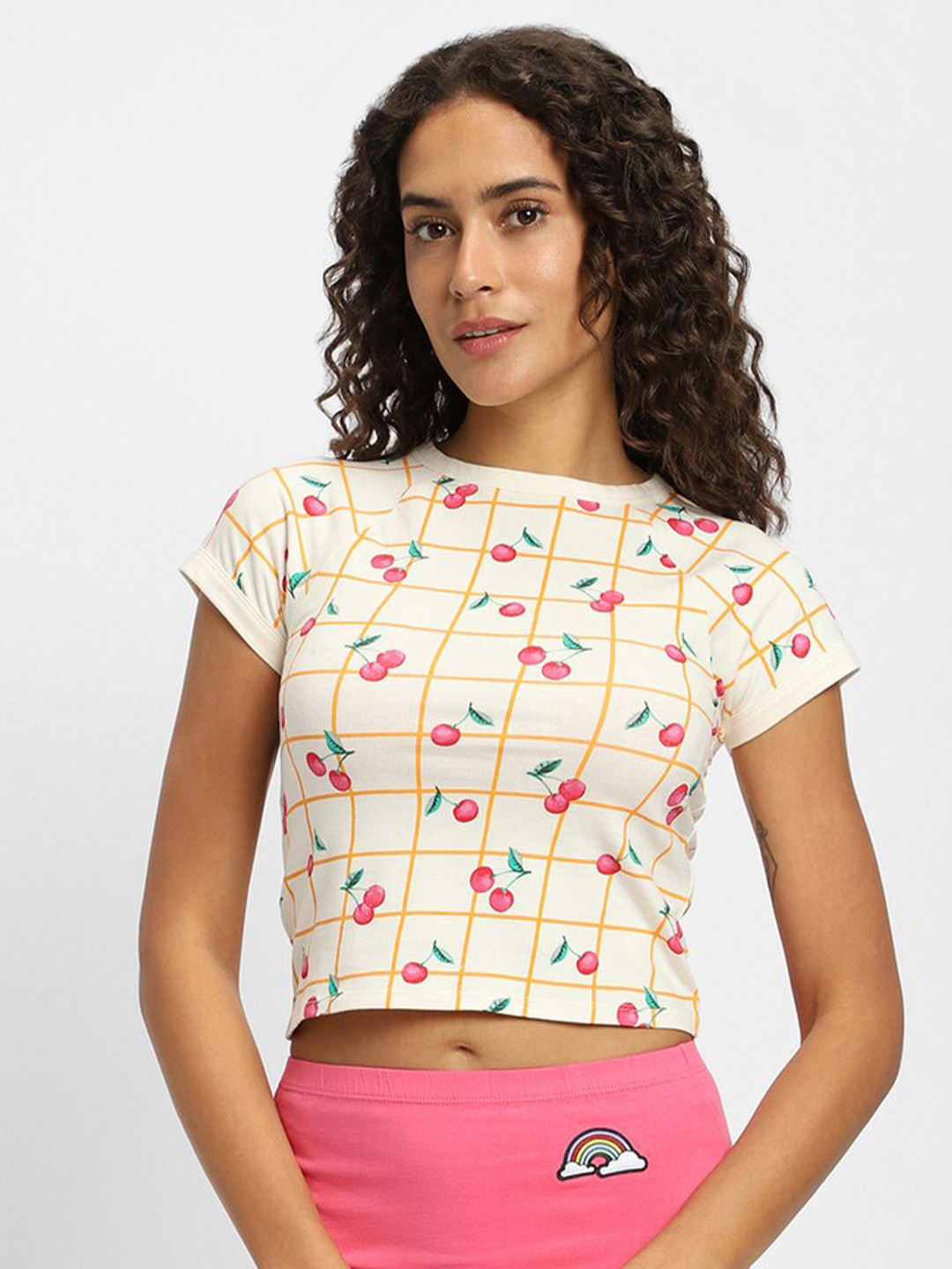 

FOREVER 21 Conversational Printed Cotton Crop Top, Cream