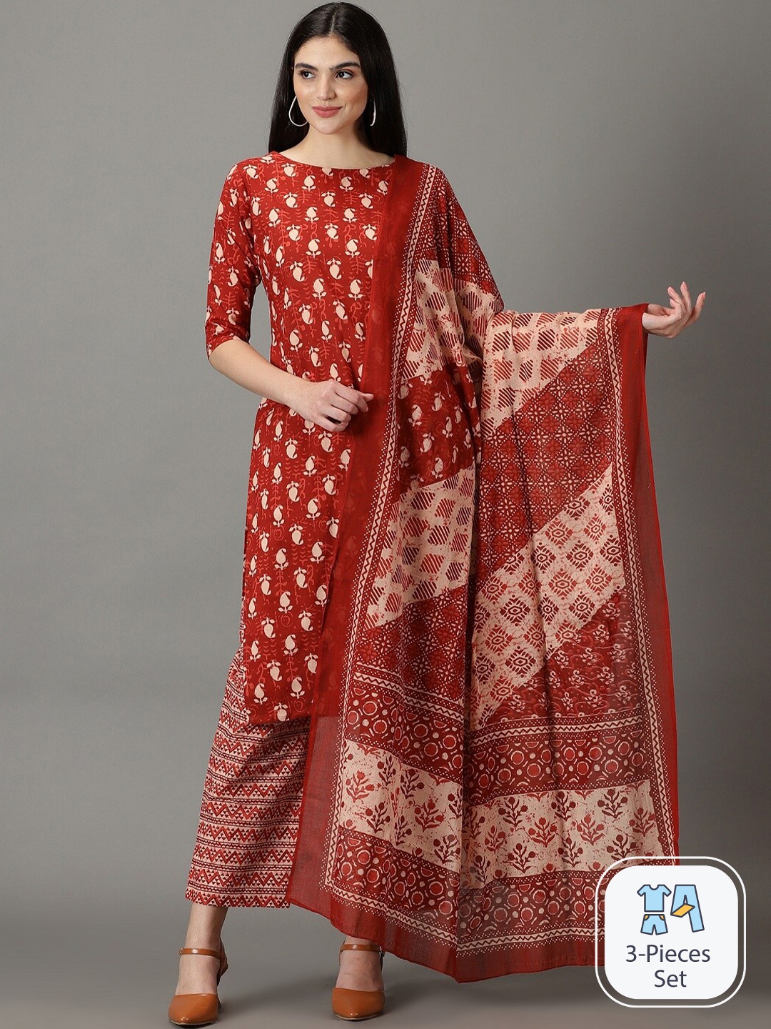 

DIVINATION Paisley Printed Pure Cotton Kurta With Palazzos & Dupatta, Brown