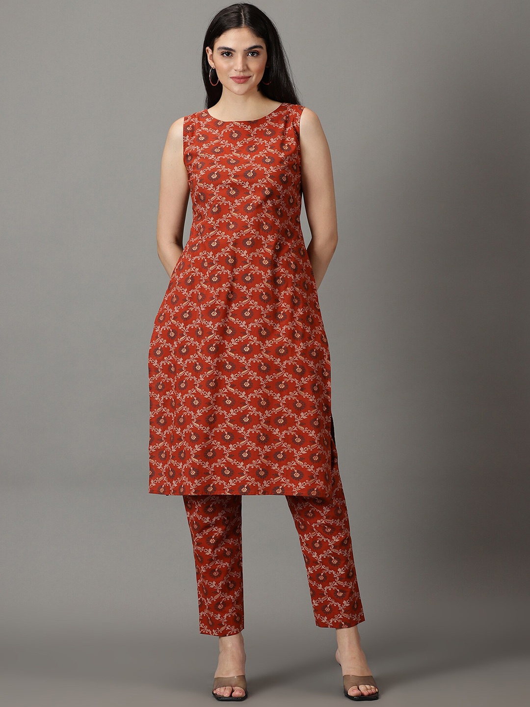 

DIVINATION Floral Printed Pure Cotton Kurta With Trousers, Brown