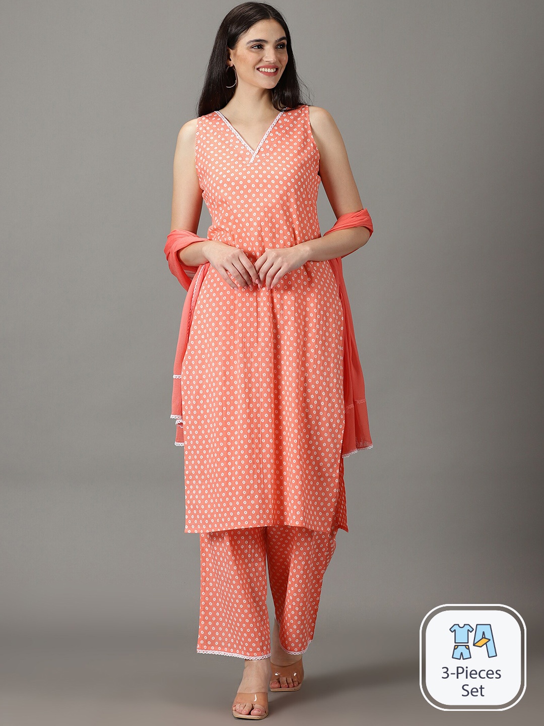 

DIVINATION Ethnic Motifs Printed Pure Cotton Kurta With Palazzos & Dupatta, Peach