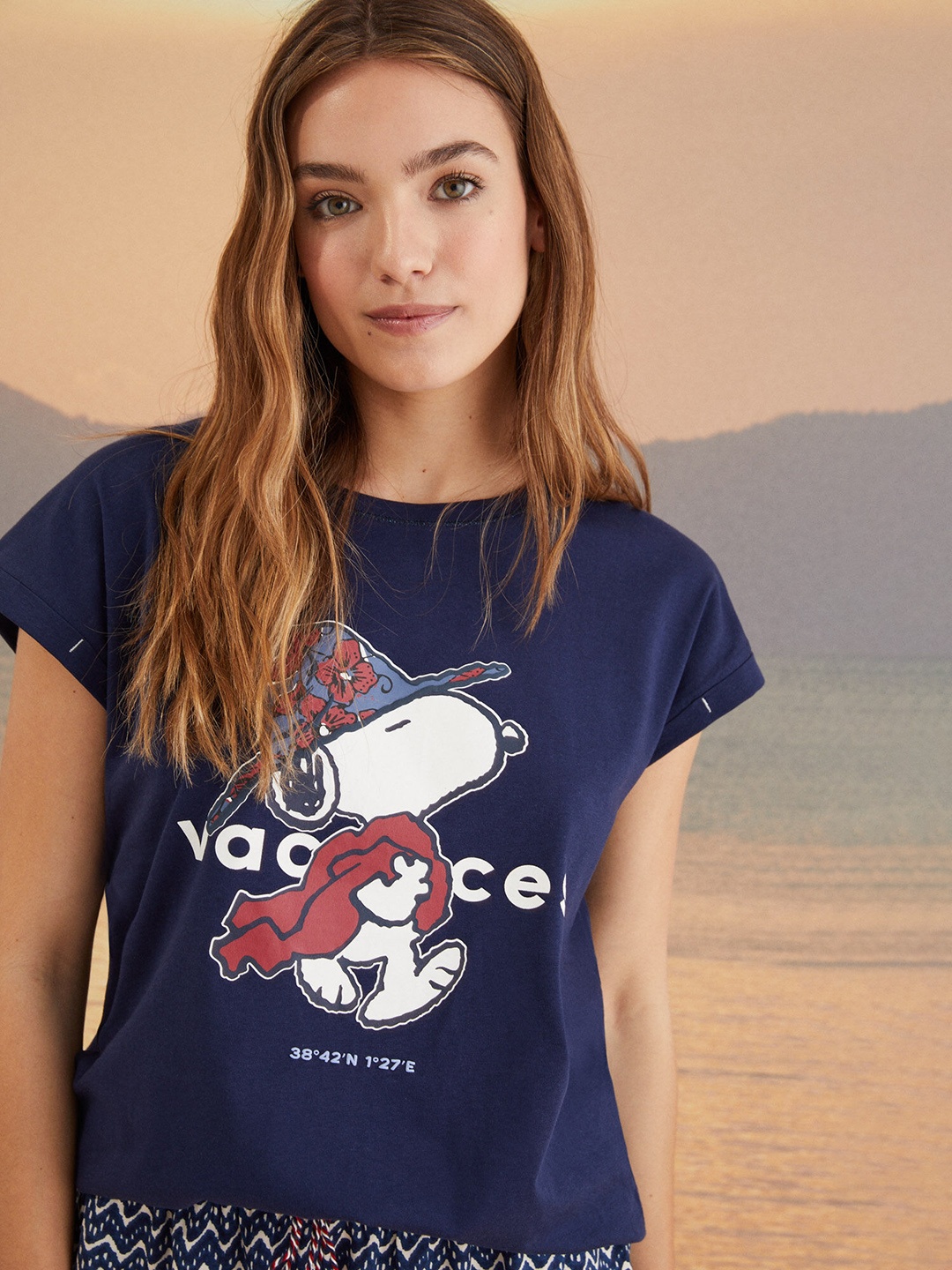 

women'secret Women Snoopy Printed Pure Cotton Lounge T-shirt, Navy blue