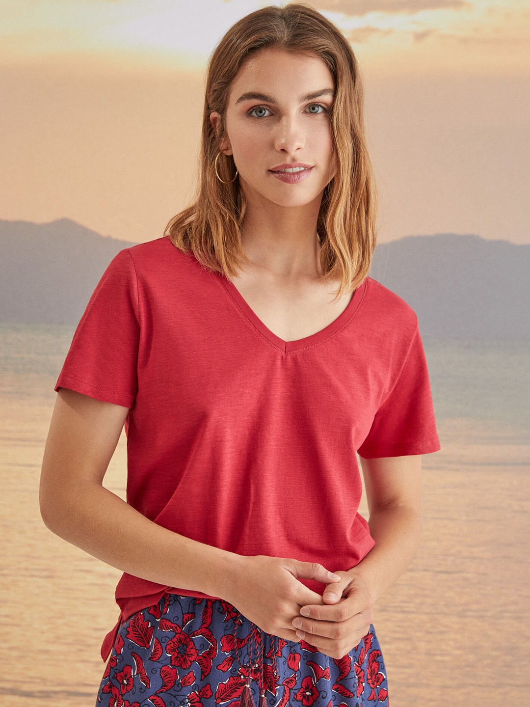 

women'secret Solid Cherry Red Pure Cotton Lounge T-shirt