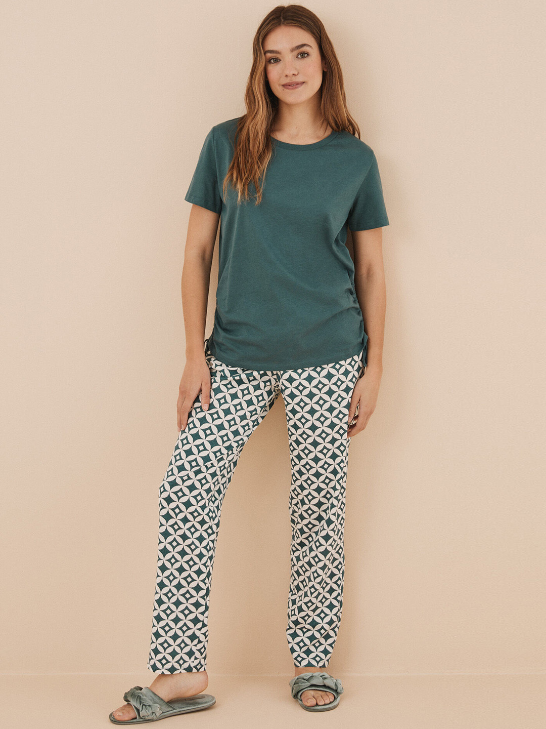

women'secret Women Printed Pure Cotton Night Suits, Green