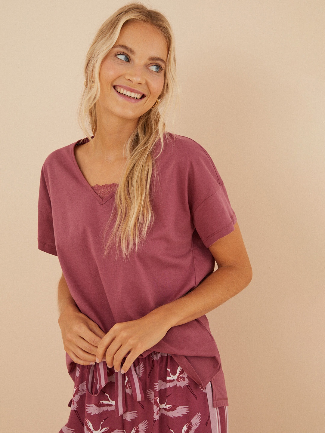 

women'secret Women Solid Pure Cotton Lounge T-shirt, Mauve