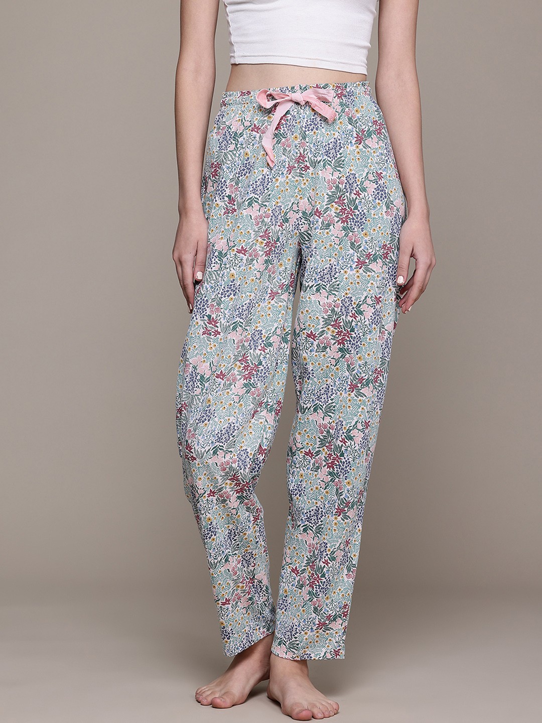 

women'secret Women Floral Print Pure Cotton Lounge Pants, Green
