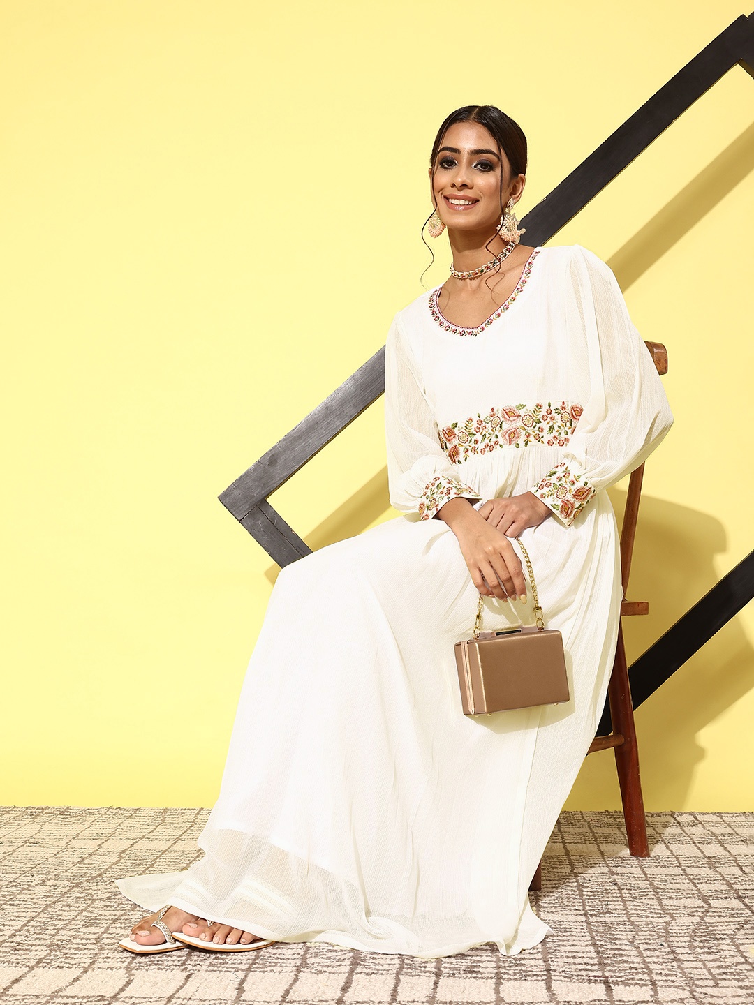 

Kvsfab Floral Embroidered Georgette Maxi Ethnic Dress, Off white
