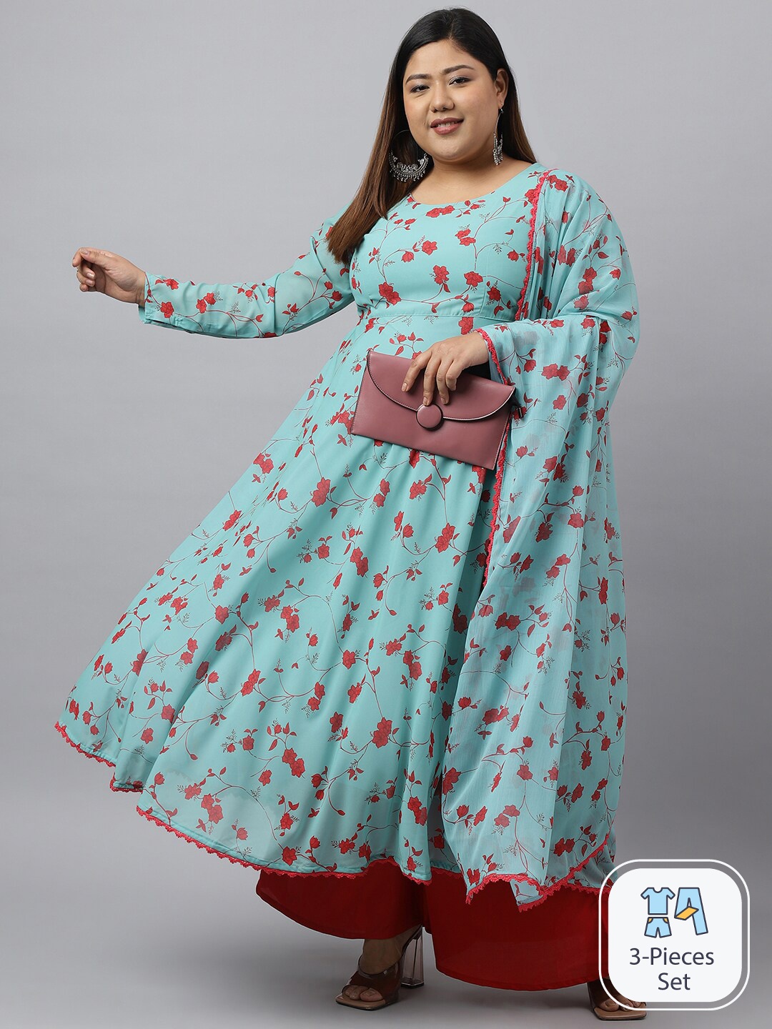 

XL LOVE by Janasya Plus Size Floral Printed Gotta Patti Kurta With Palazzos & Dupatta, Sea green
