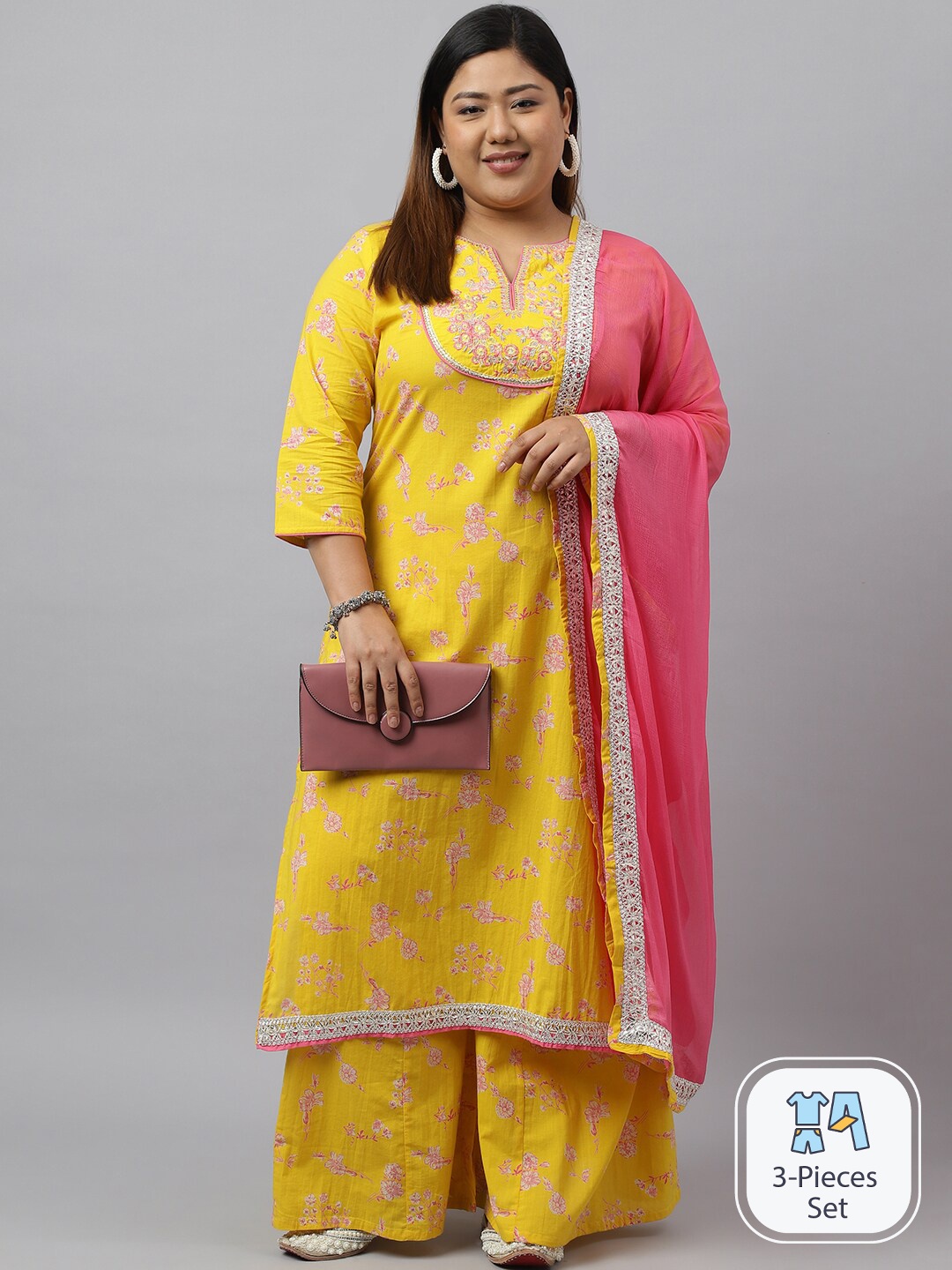 

XL LOVE by Janasya Plus Size Printed Gotta Patti Pure Cotton Kurta With Palazzos & Dupatta, Yellow