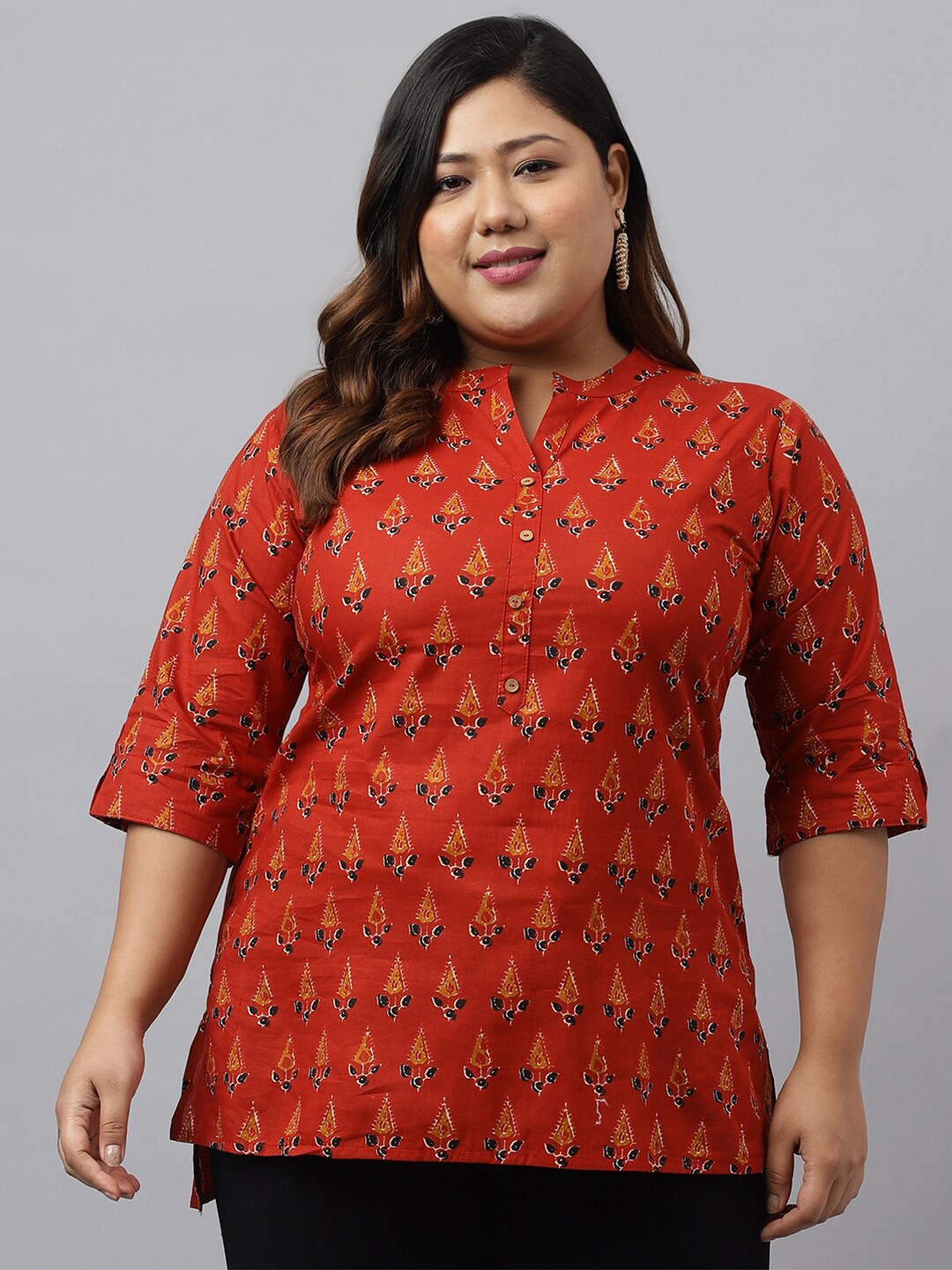 

XL LOVE by Janasya Plus Size Ethnic Motifs Printed Mandarin Collar Longline Cotton Top, Red