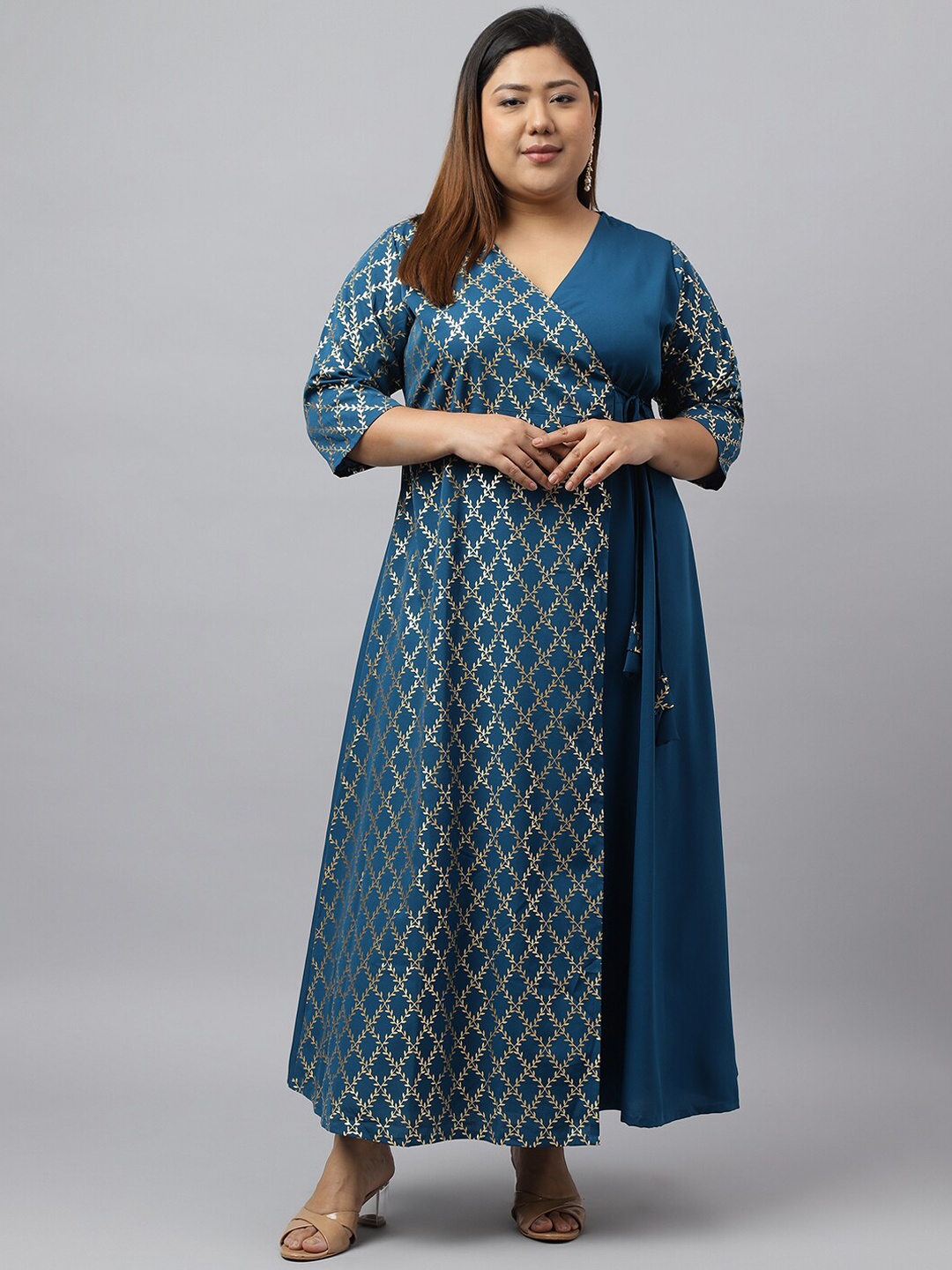 

XL LOVE by Janasya Plus Size Foil Printed Angrakha Anarkali Kurta, Teal