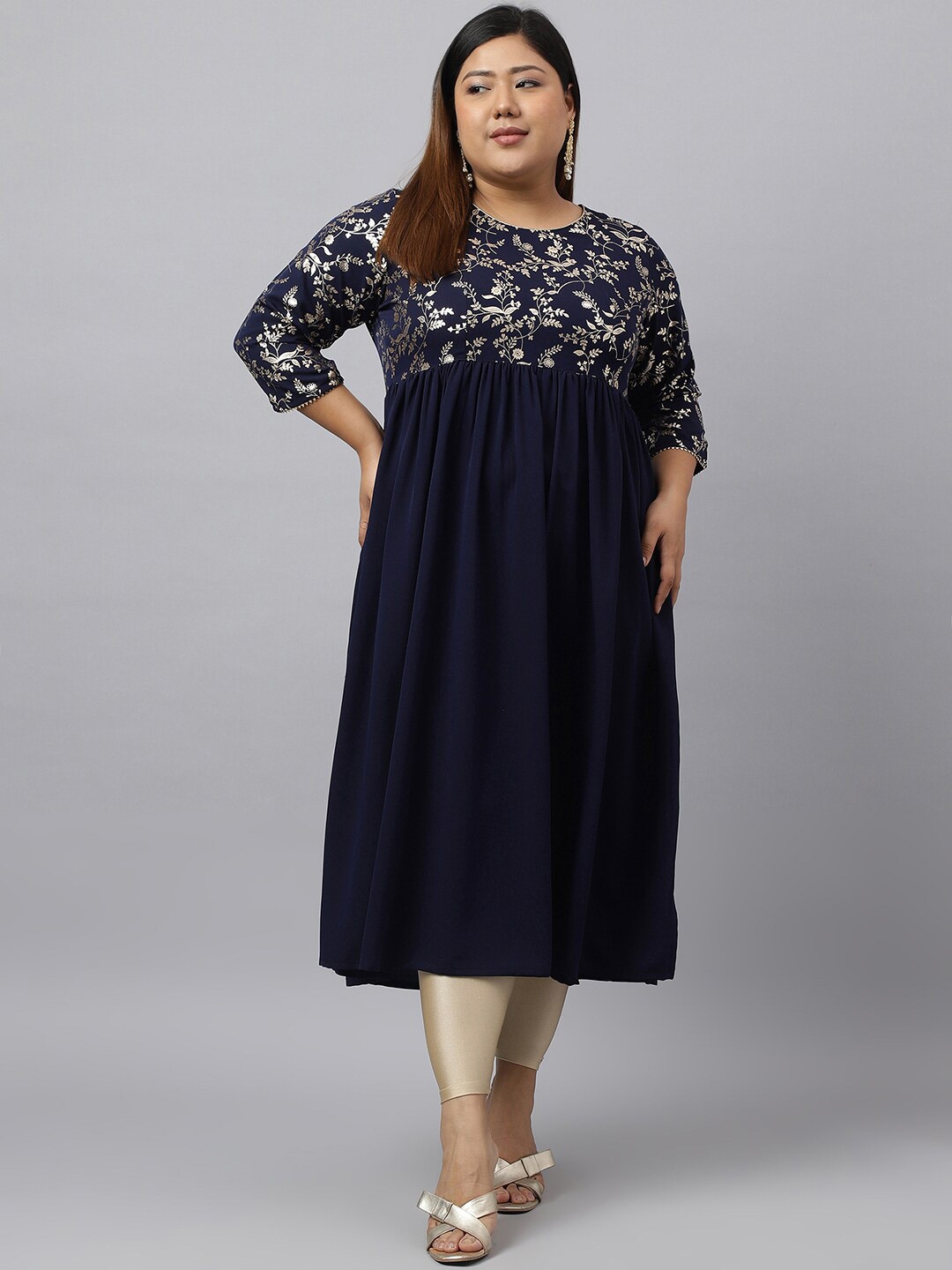 Janasya Plus Size Floral Yoke Design Crepe Anarkali Kurta, Navy blue