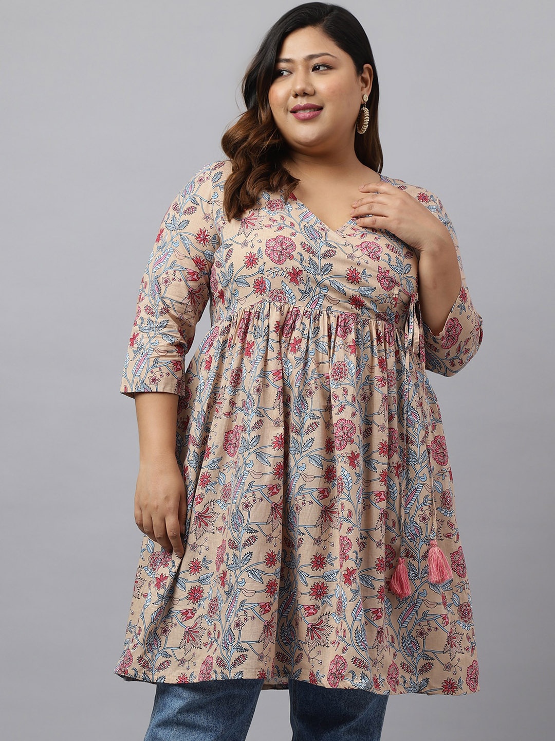 

XL LOVE by Janasya Plus Size Floral Printed Cotton Anarkali Kurta, Beige