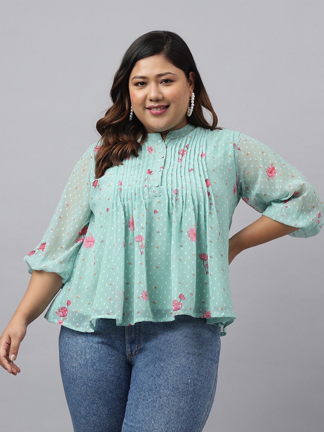 

Janasya Plus Size Floral Printed Mandarin Collar Puff Sleeves Georgette Top, Sea green