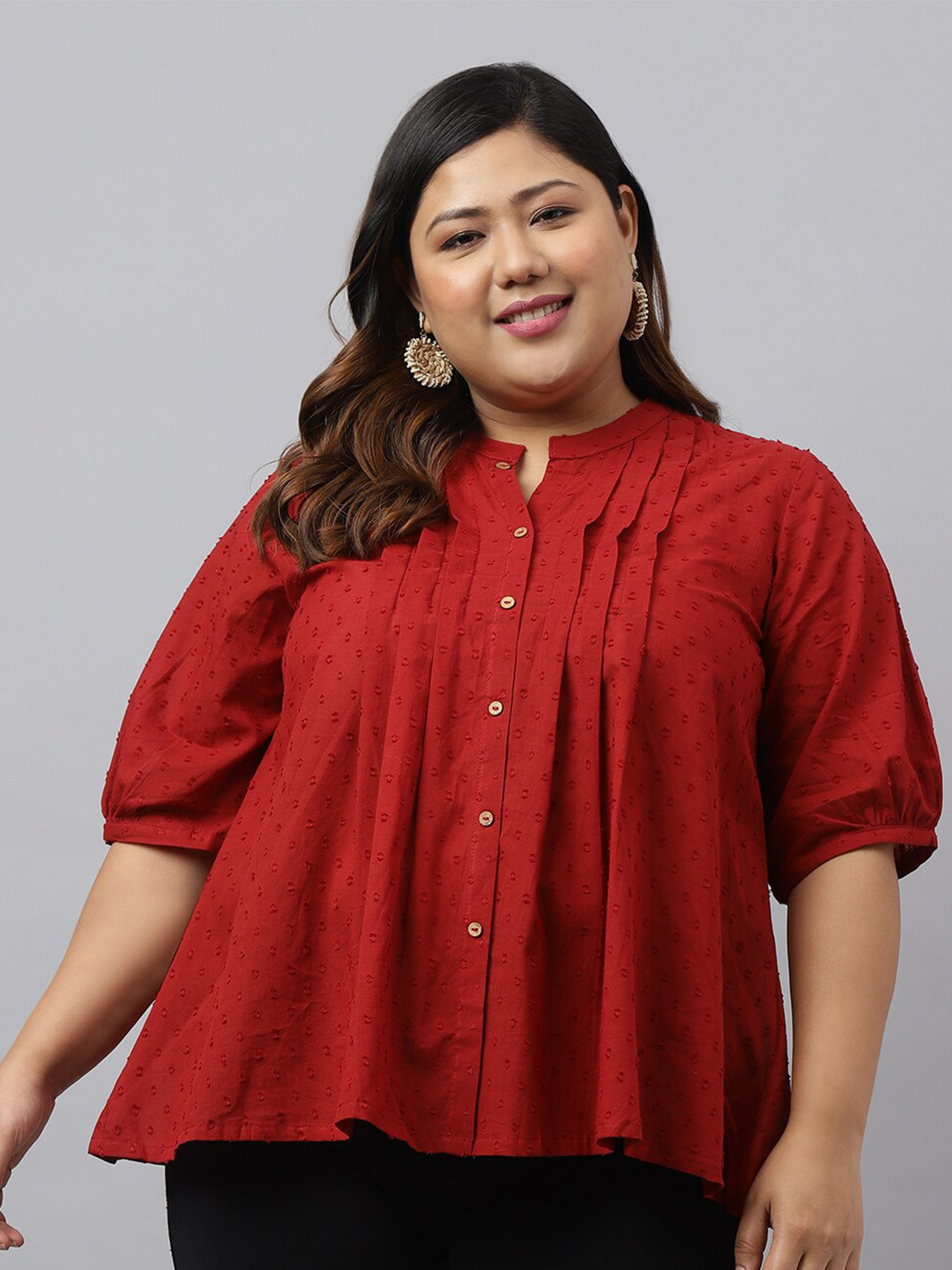 

XL LOVE by Janasya Plus Size Self Design Puff Sleeves Cotton Shirt Style Top, Maroon