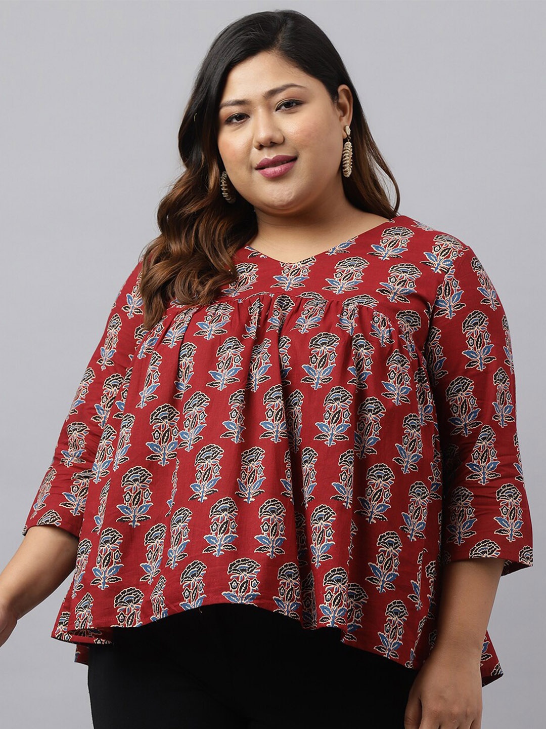 

Janasya Plus Size Maroon Cotton Floral Block Print Flared Top