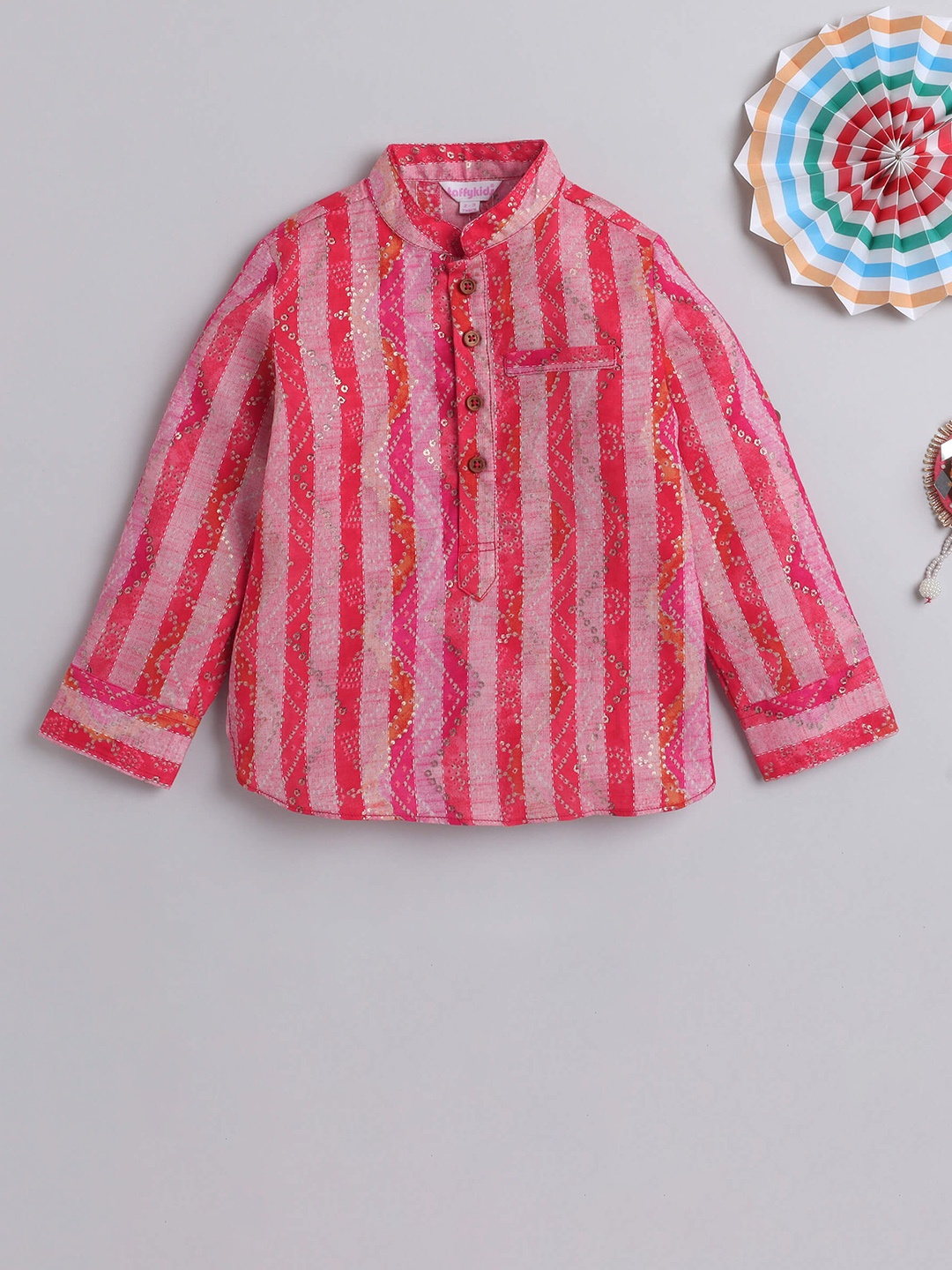 

taffykids Boys Striped Mandarin Collar Pure Cotton Short Kurta, Red