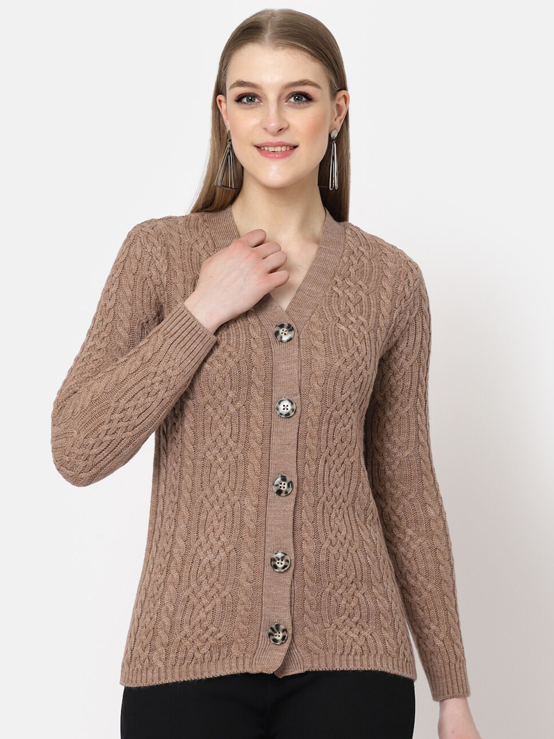 

Kalt Self Design Cable Knit Acrylic Cardigan, Coffee brown