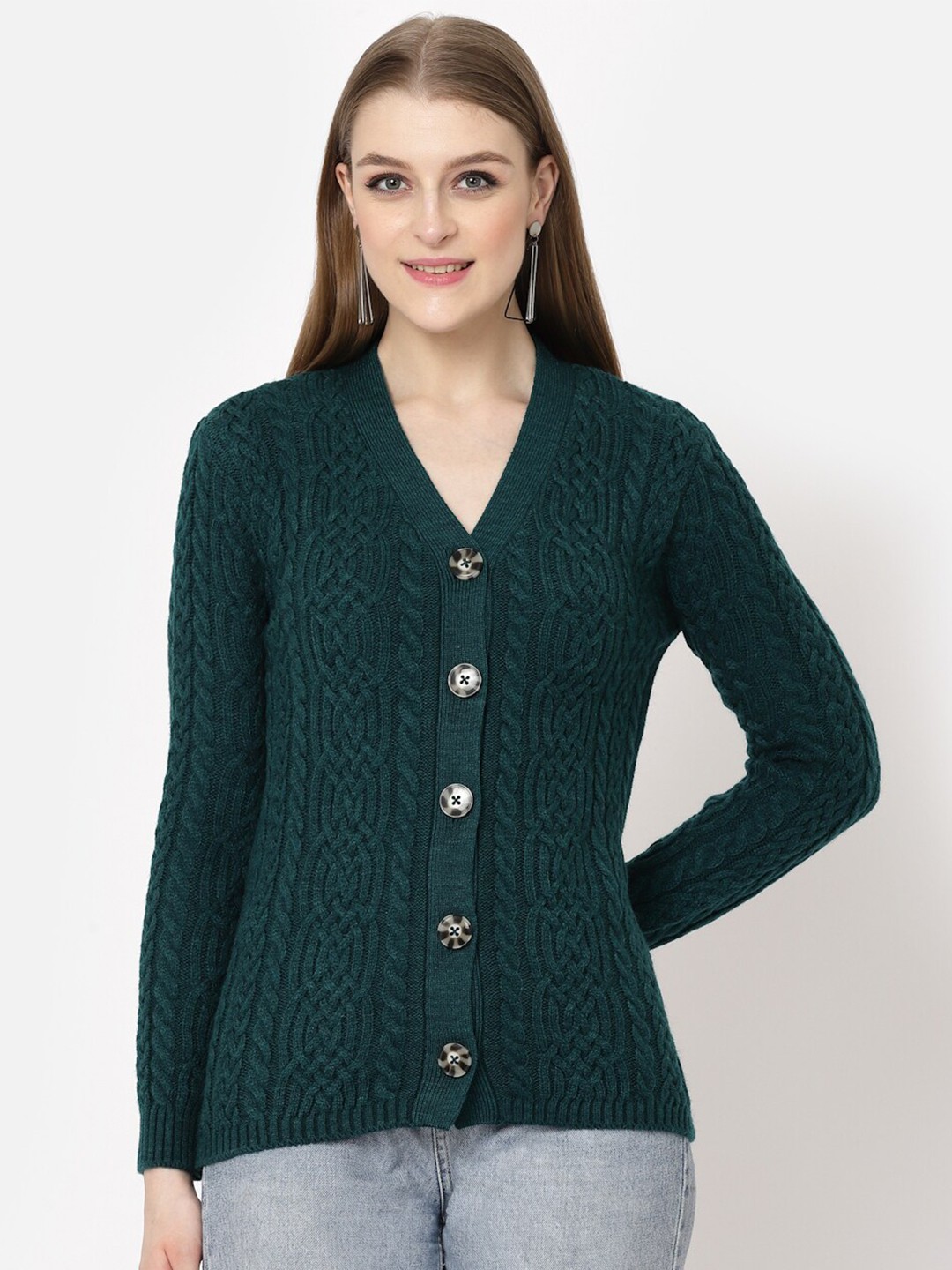 

Kalt Self Design Cable Knit Acrylic Cardigan, Green