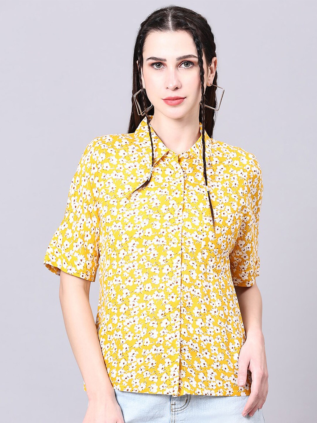 Pomegal Contemporary Boxy Floral Printed Casual Shirt, Yellow