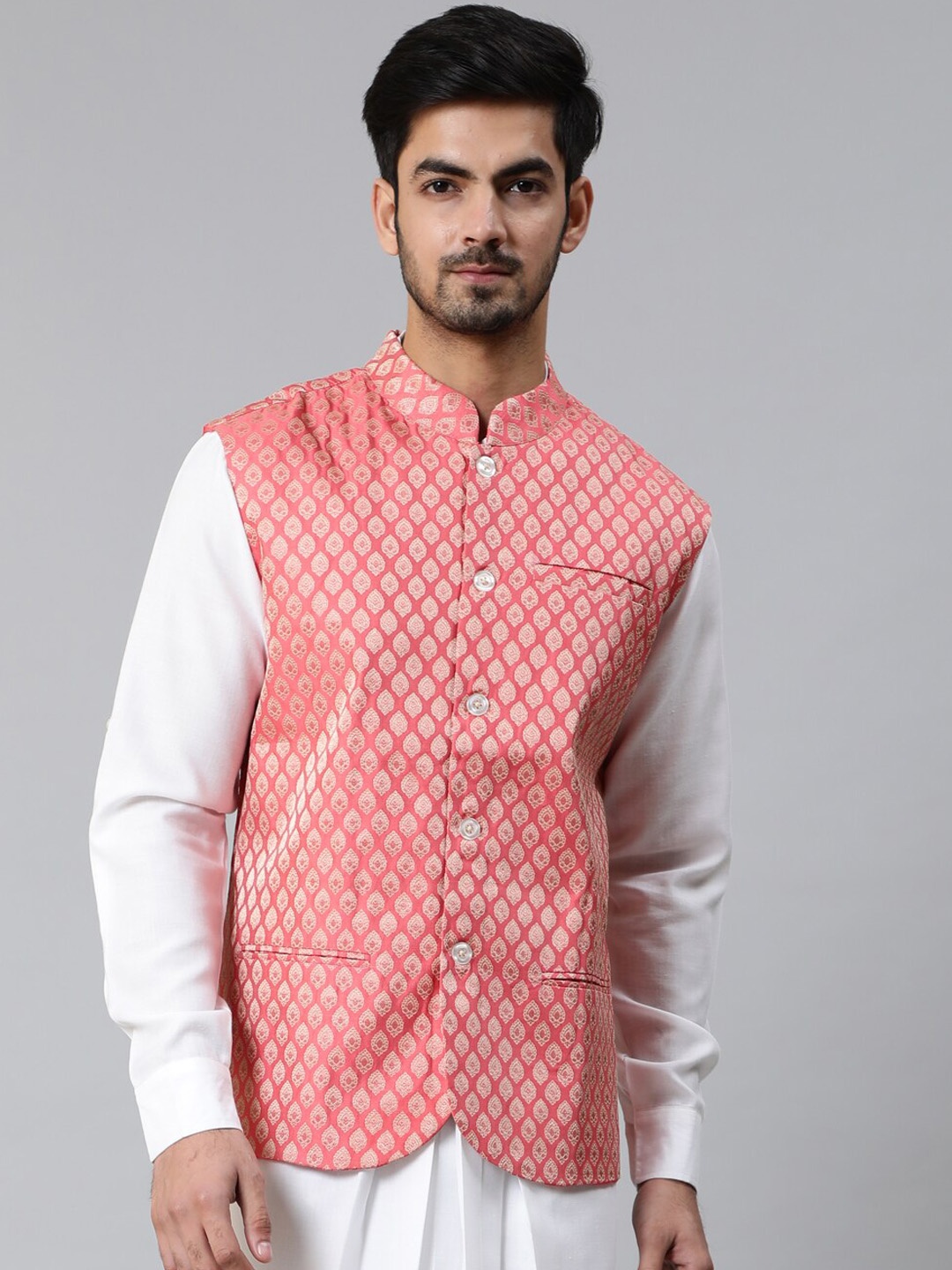 

AKS Ethnic Motifs Woven Design Nehru Jacket, Peach