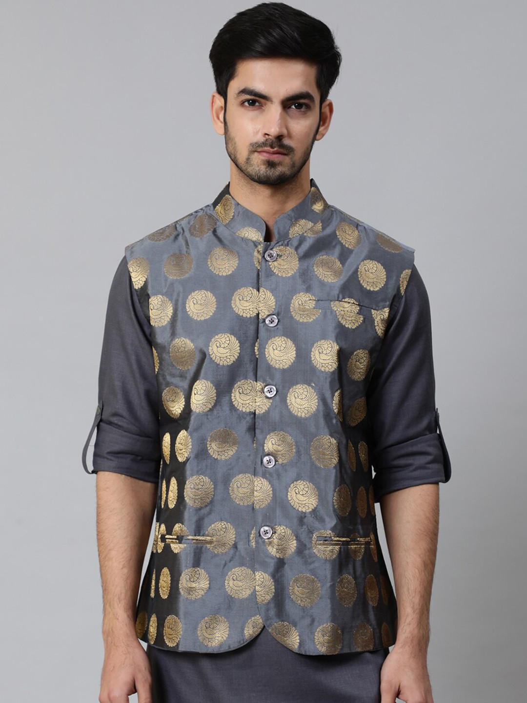 

AKS Ethnic Motifs Woven Design Nehru Jacket, Grey